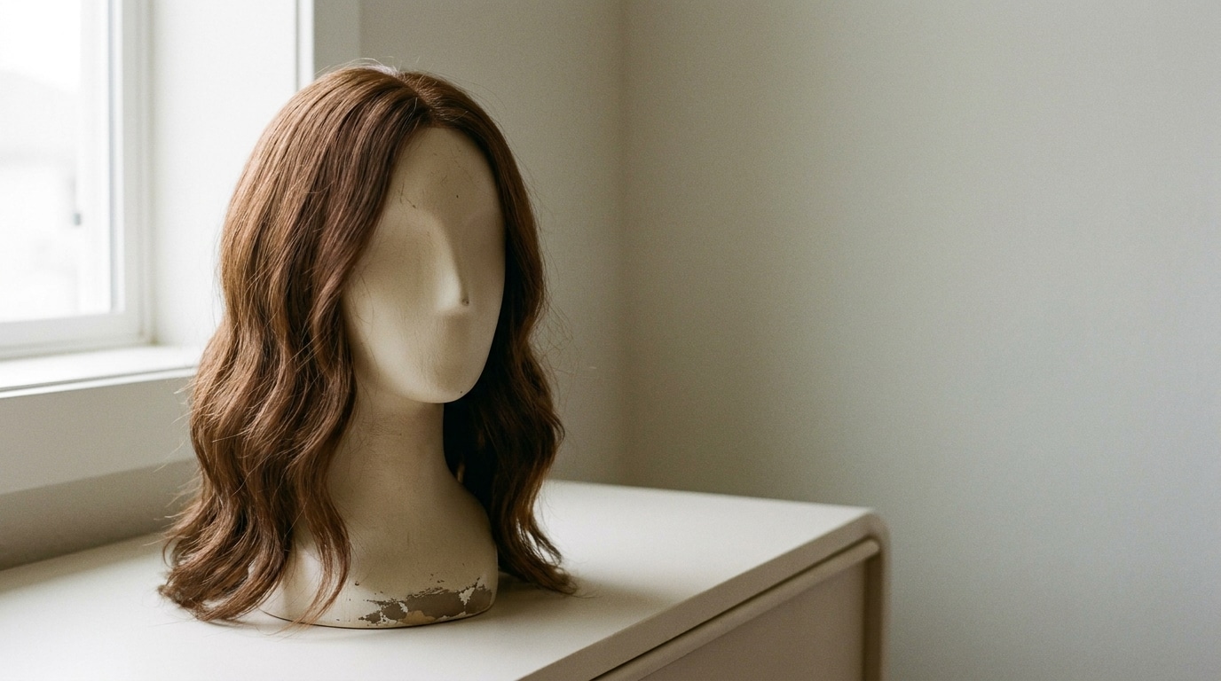 Brown wig on mannequin head in minimalist room with natural light
