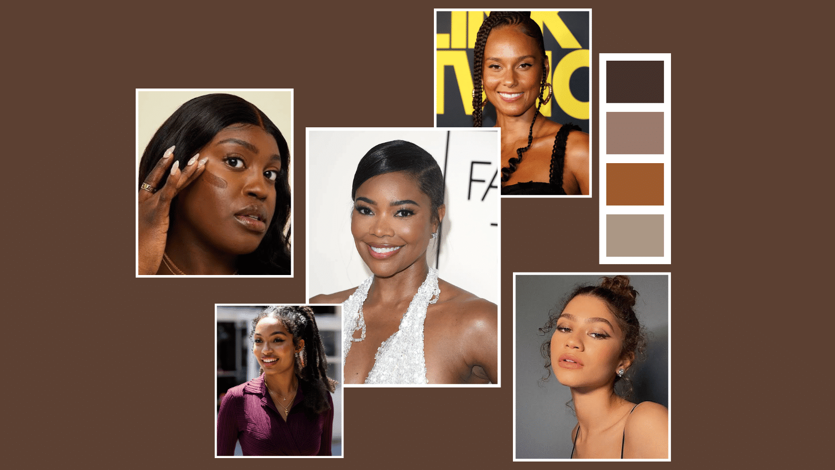 Natural makeup for black skin moodboard inspired by Yara Shahidi, Zendaya and Gabrielle Union