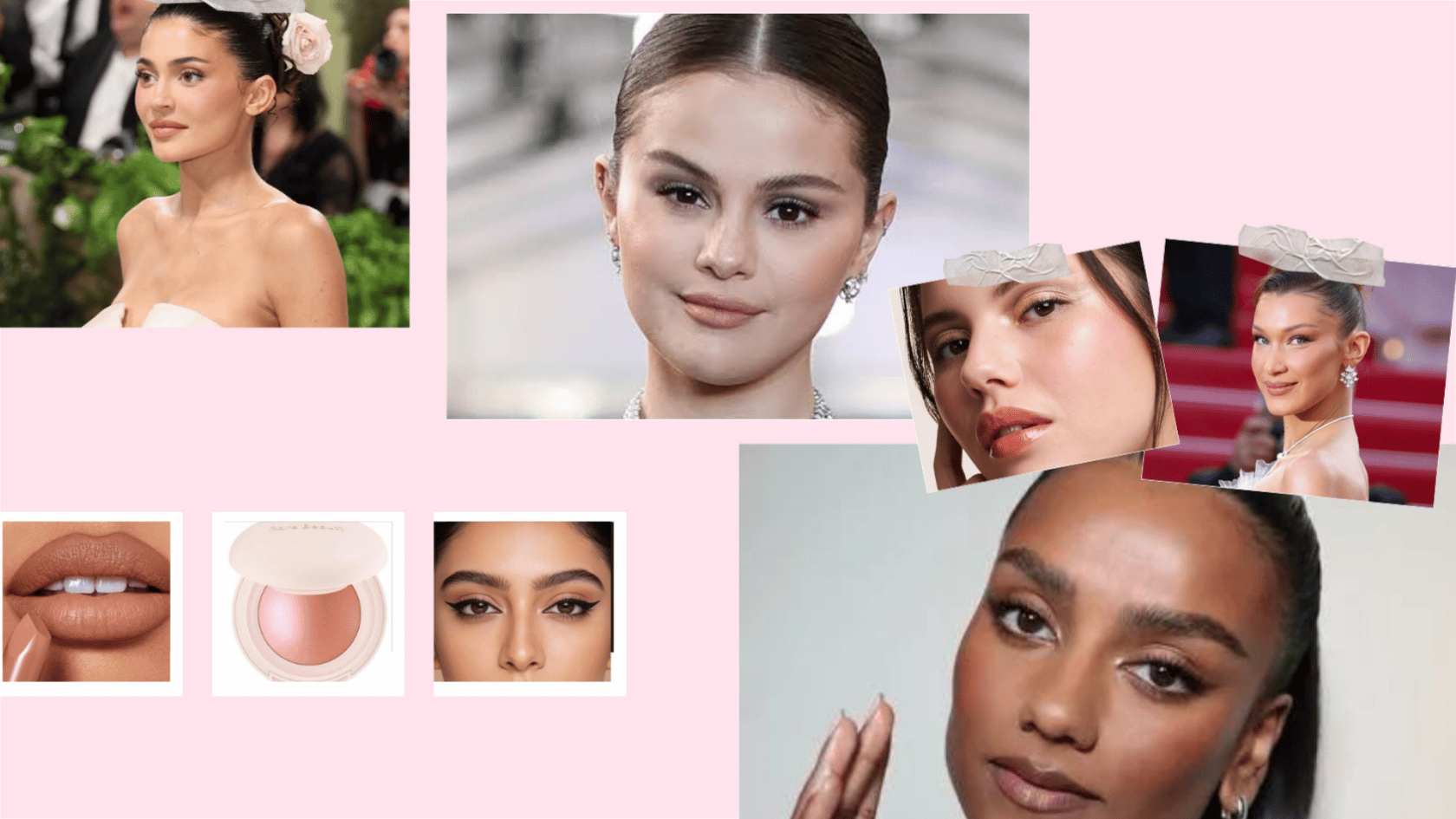 Natural or nude makeup inspired by Selena Gomez, Kylie Jenner, Bella Hadid, and Simone Ashley.