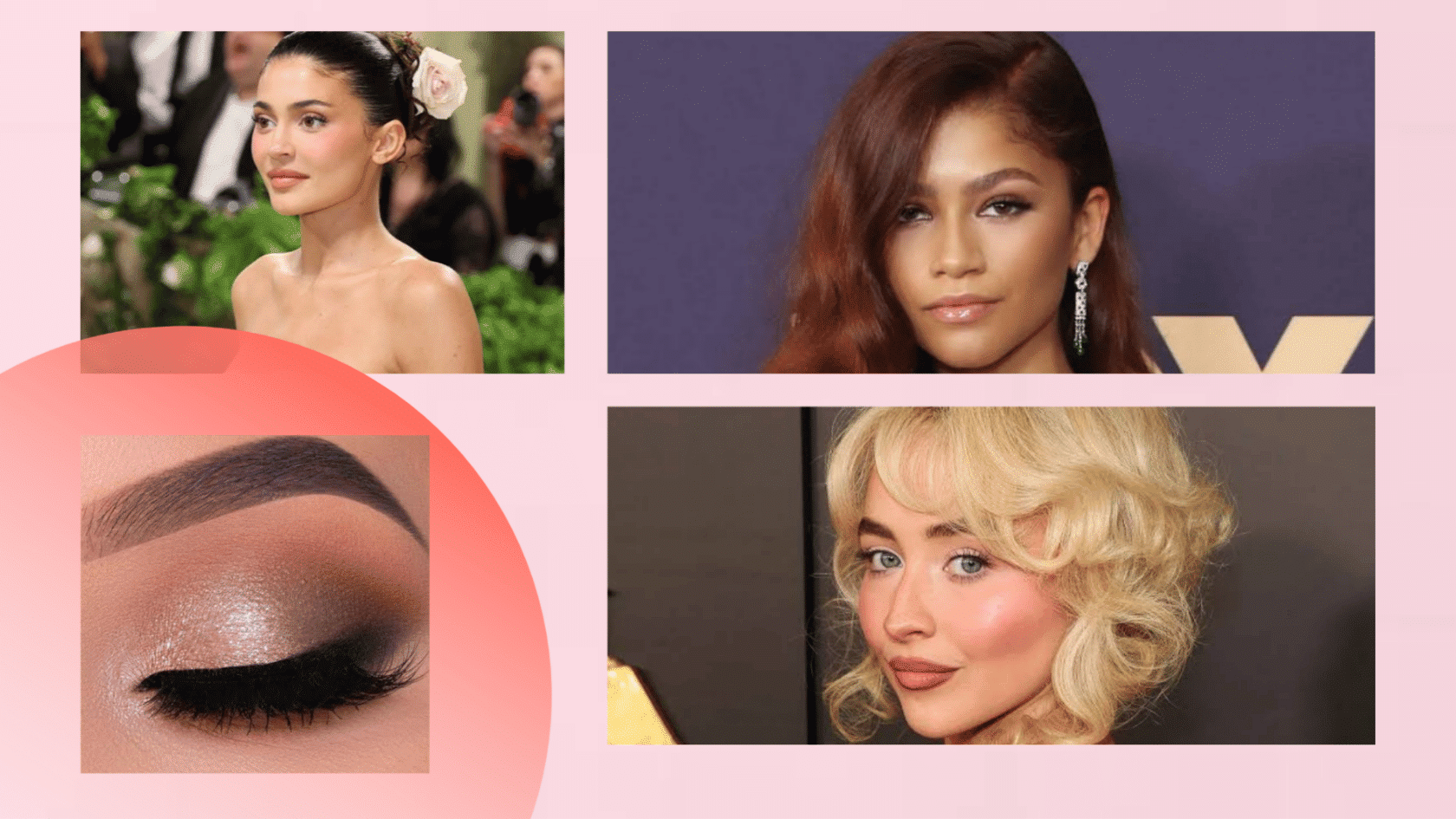 Natural soft glam makeup moodboard inspired by Kylie Jenner, Zendaya and Sabrina Carpenter