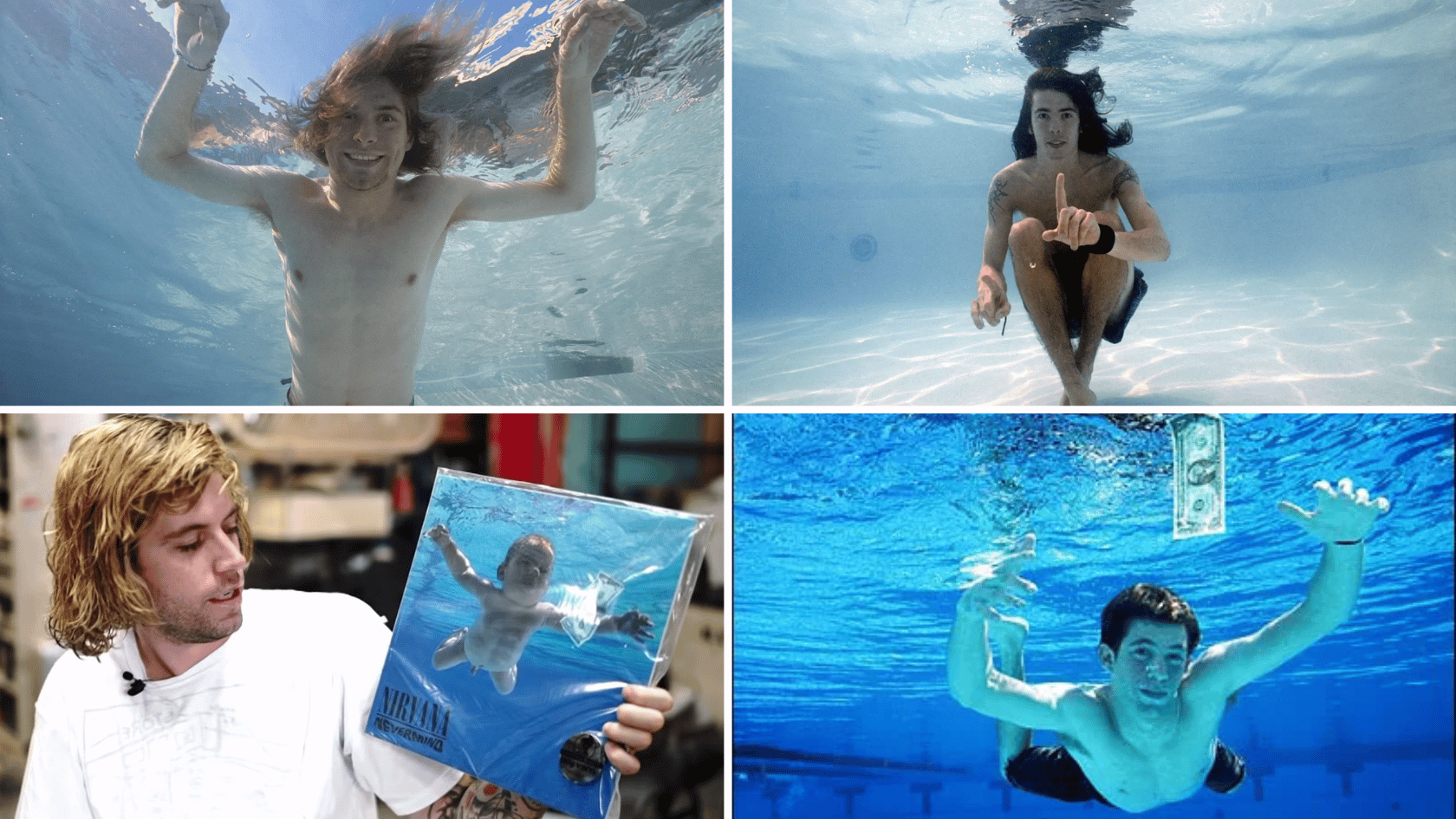 Spencer Elden and underwater recreations inspired by the Nevermind album cover.