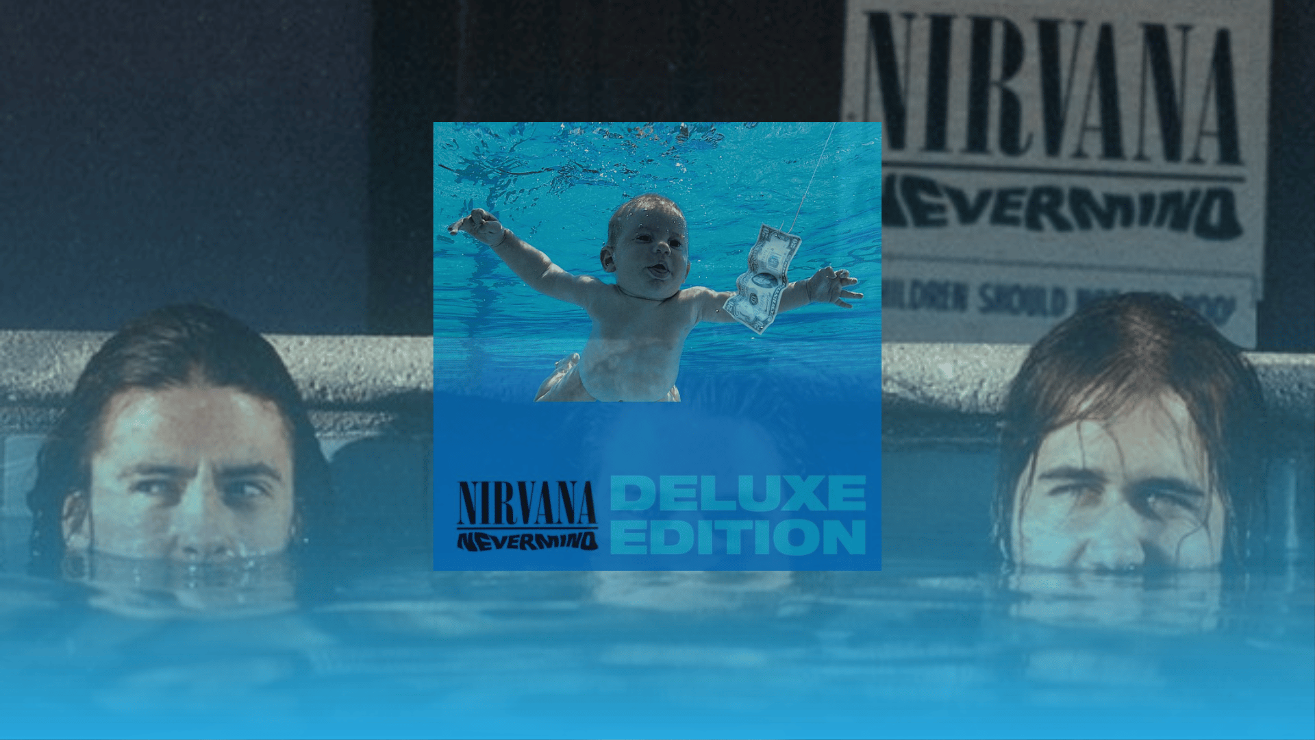 Nevermind album cover centered over an underwater photo of Nirvana band members