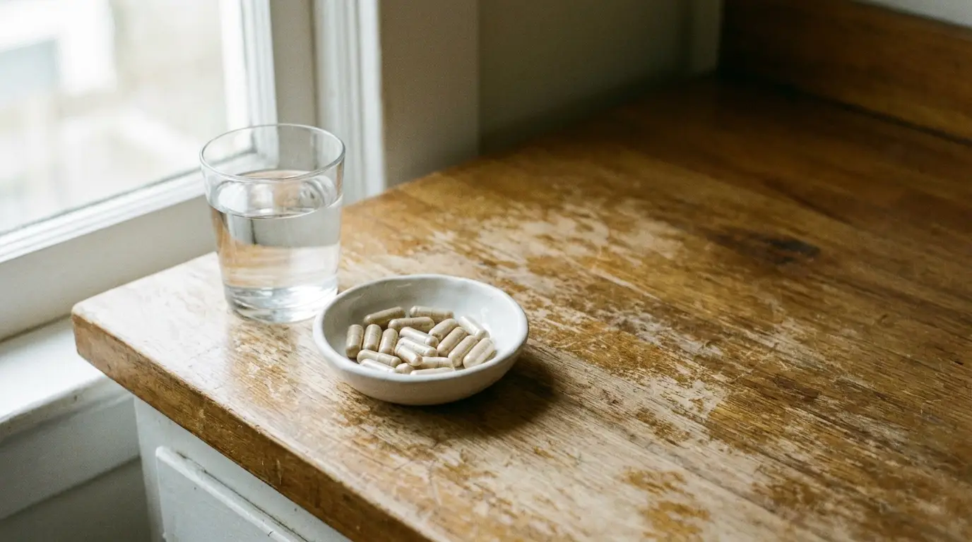 Glass of water and bowl of capsules on wooden table by window
