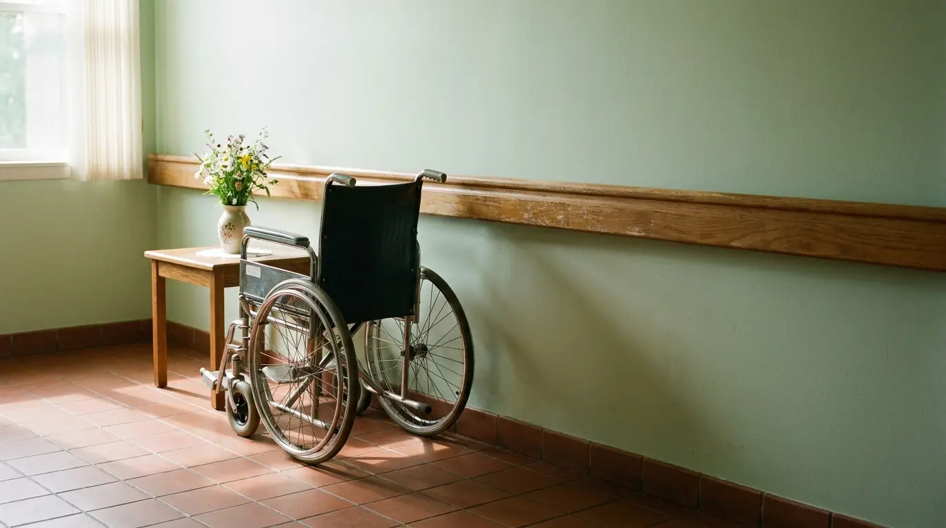 Empty wheelchair beside wooden table in sunlit room with tiled floor