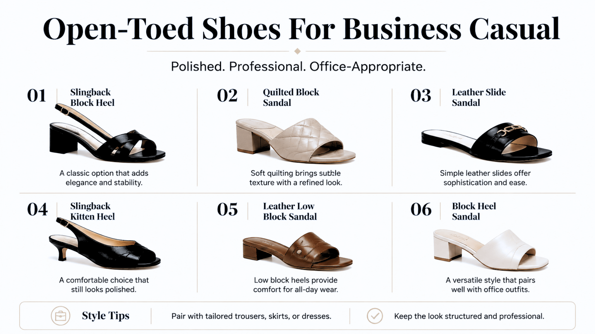 Open-toed business casual shoes guide showing slingback heels, sandals, and professional office footwear styles.
