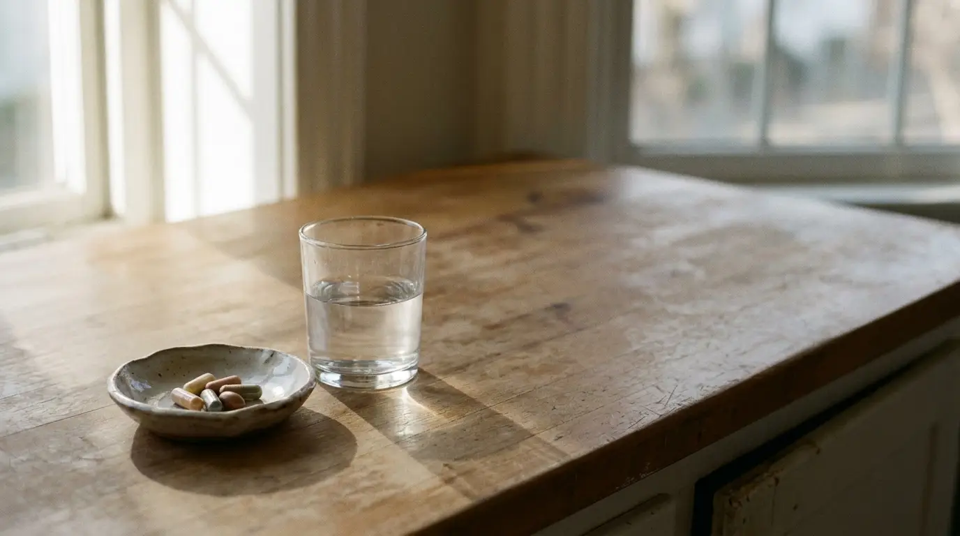Glass of water and bowl of pills on wooden table in natural light