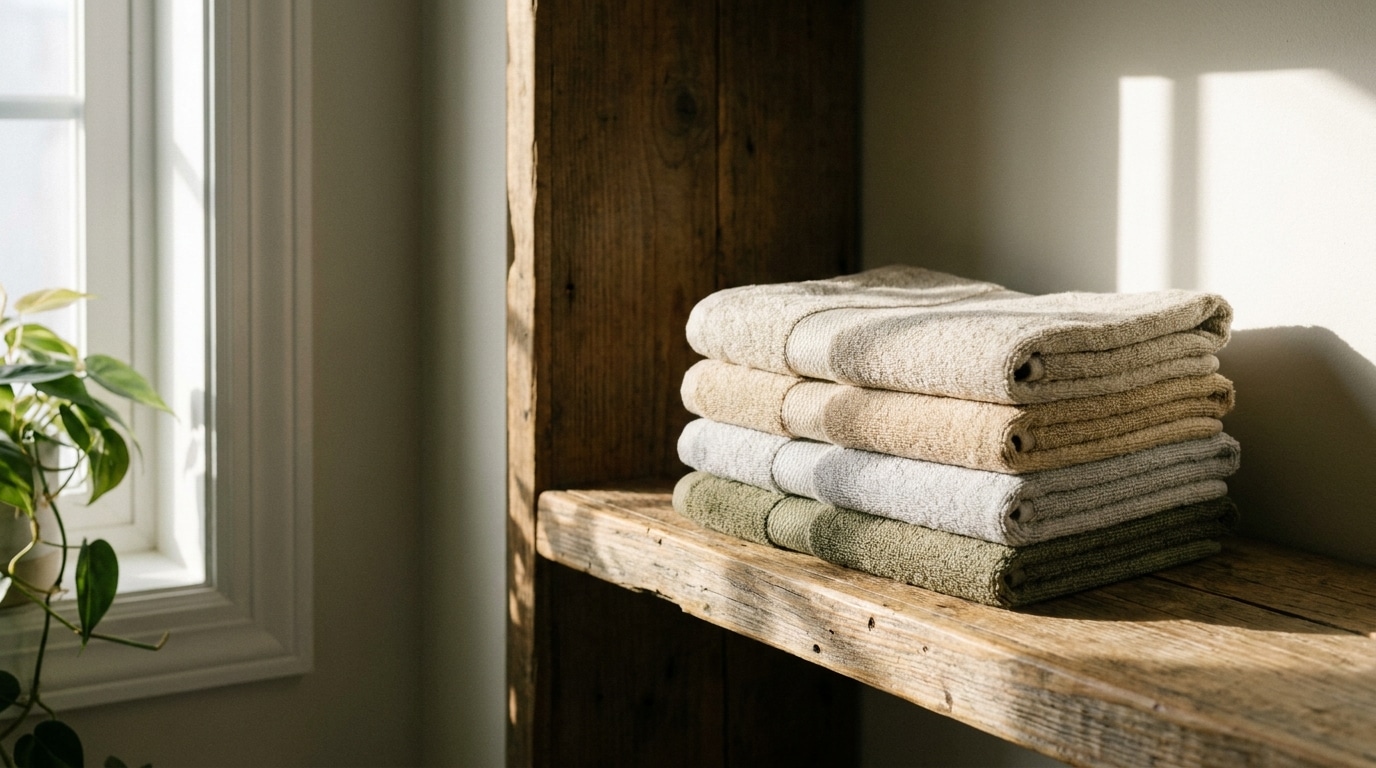 Stacked towels on rustic wooden shelf near bright window with potted plant