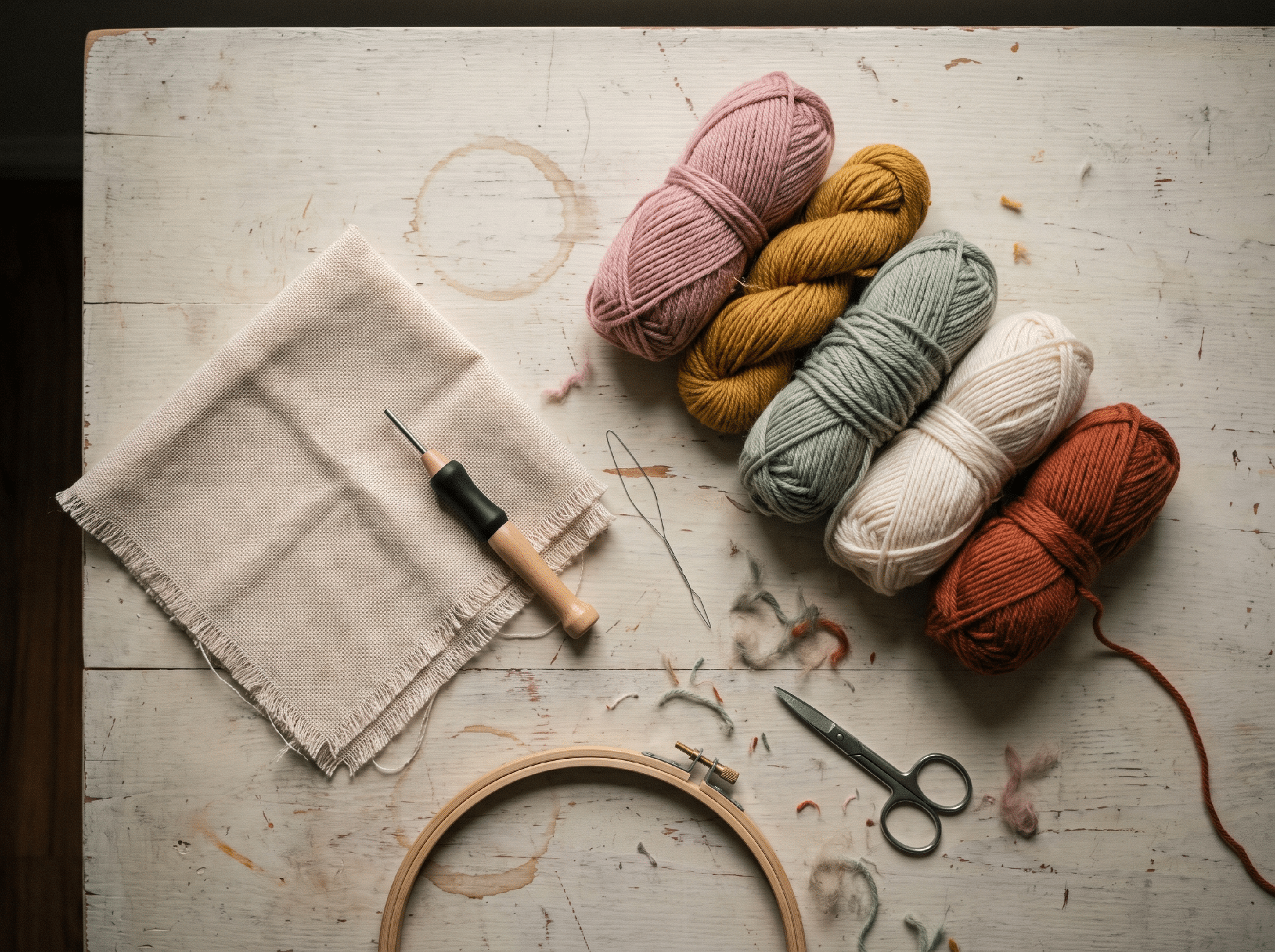 Overhead shot of beginner punch needle supplies including monk’s cloth, adjustable needle tool, threader, and colorful yarn