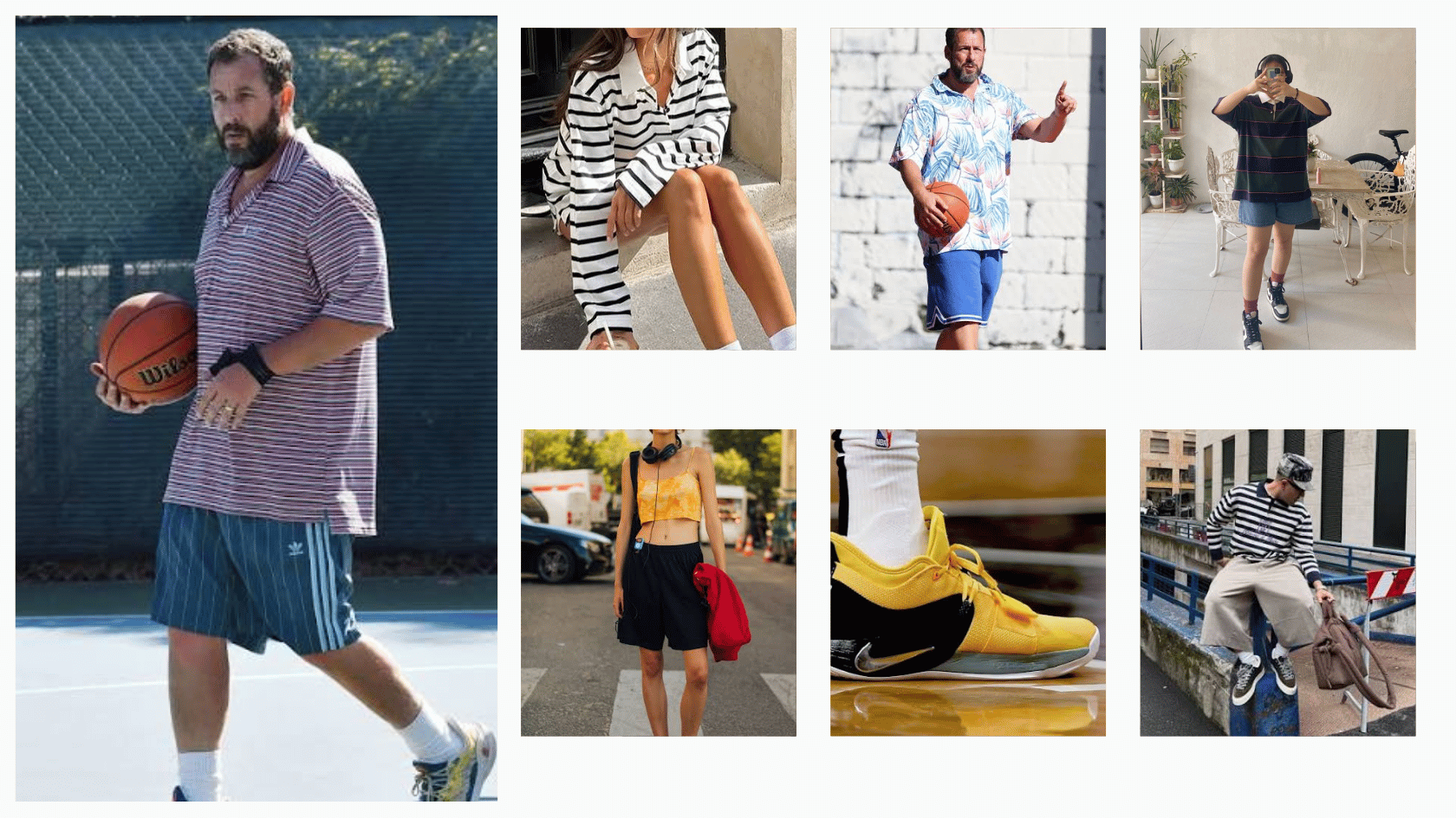 Adam Sandler-inspired oversized striped polo with basketball shorts and casual sneakers.