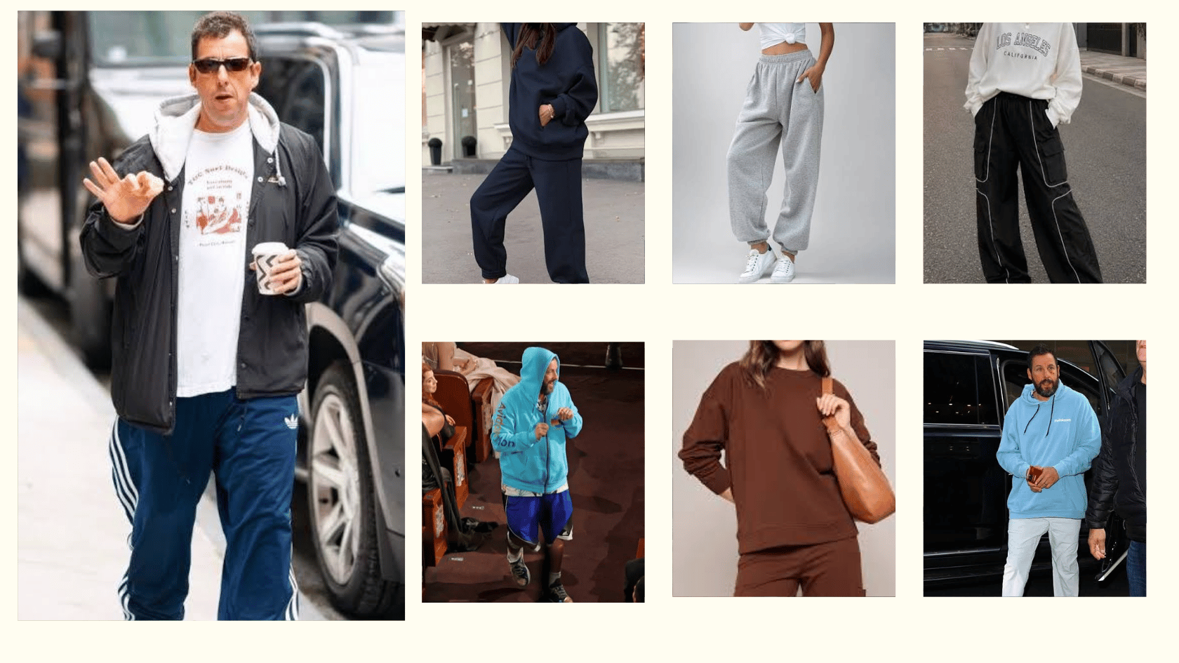 Adam Sandler-inspired oversized sweatshirt and sweatpants outfit with relaxed casual styling.