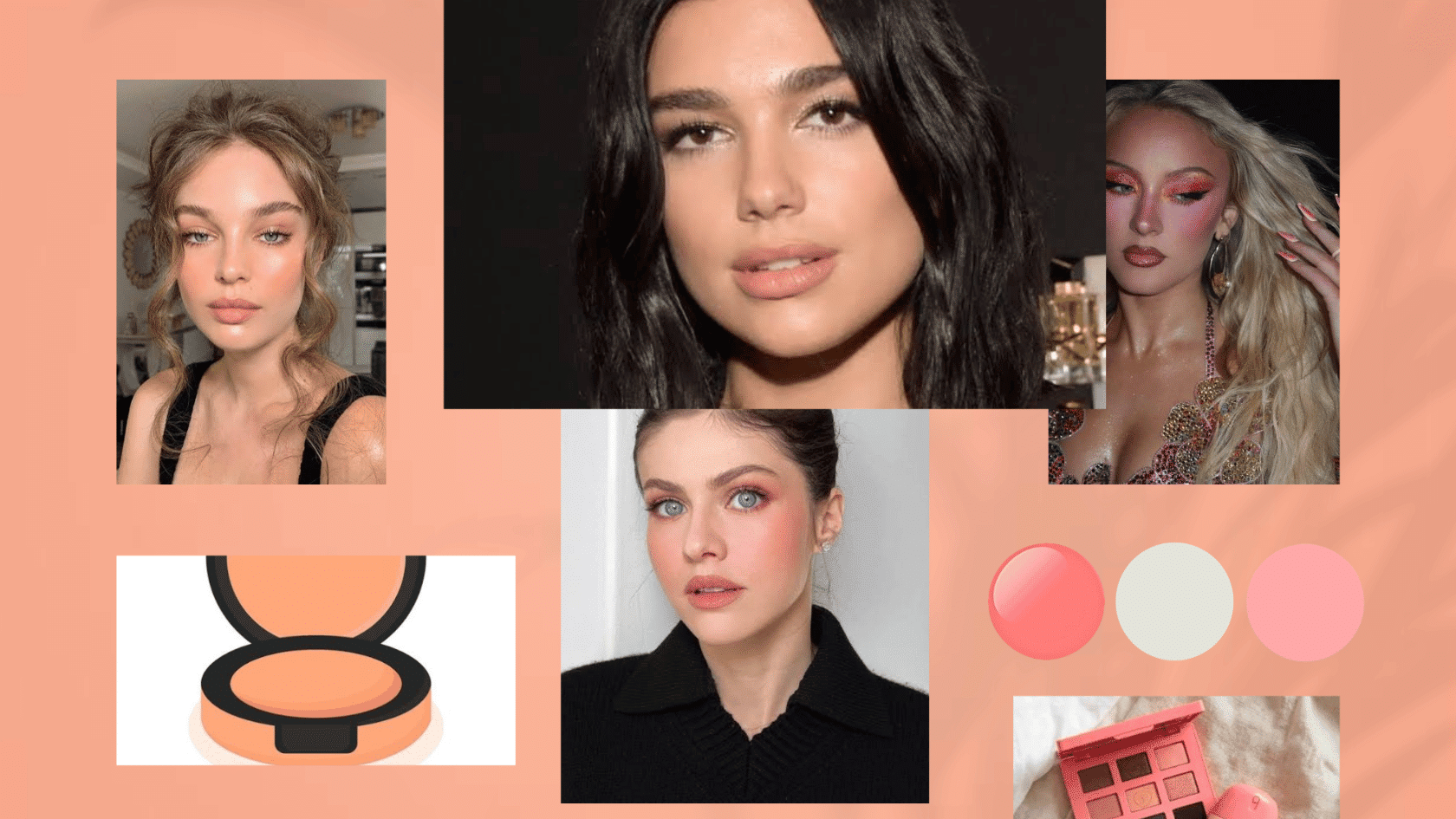 Peachy natural makeup moodboard inspired by Dua Lipa, Zara Larsson and Alexandra Daddario