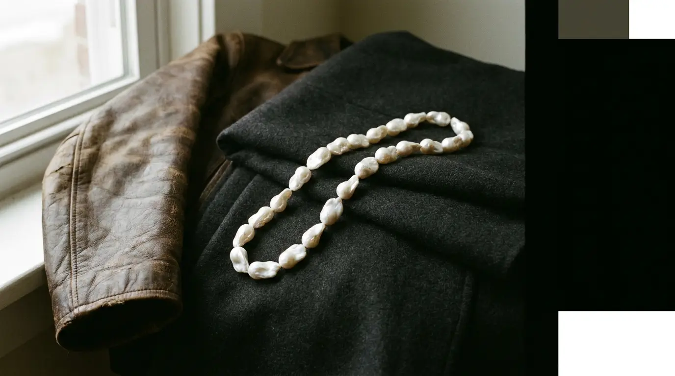 Brown leather jacket and pearl necklace on black wool coat in sunlit room