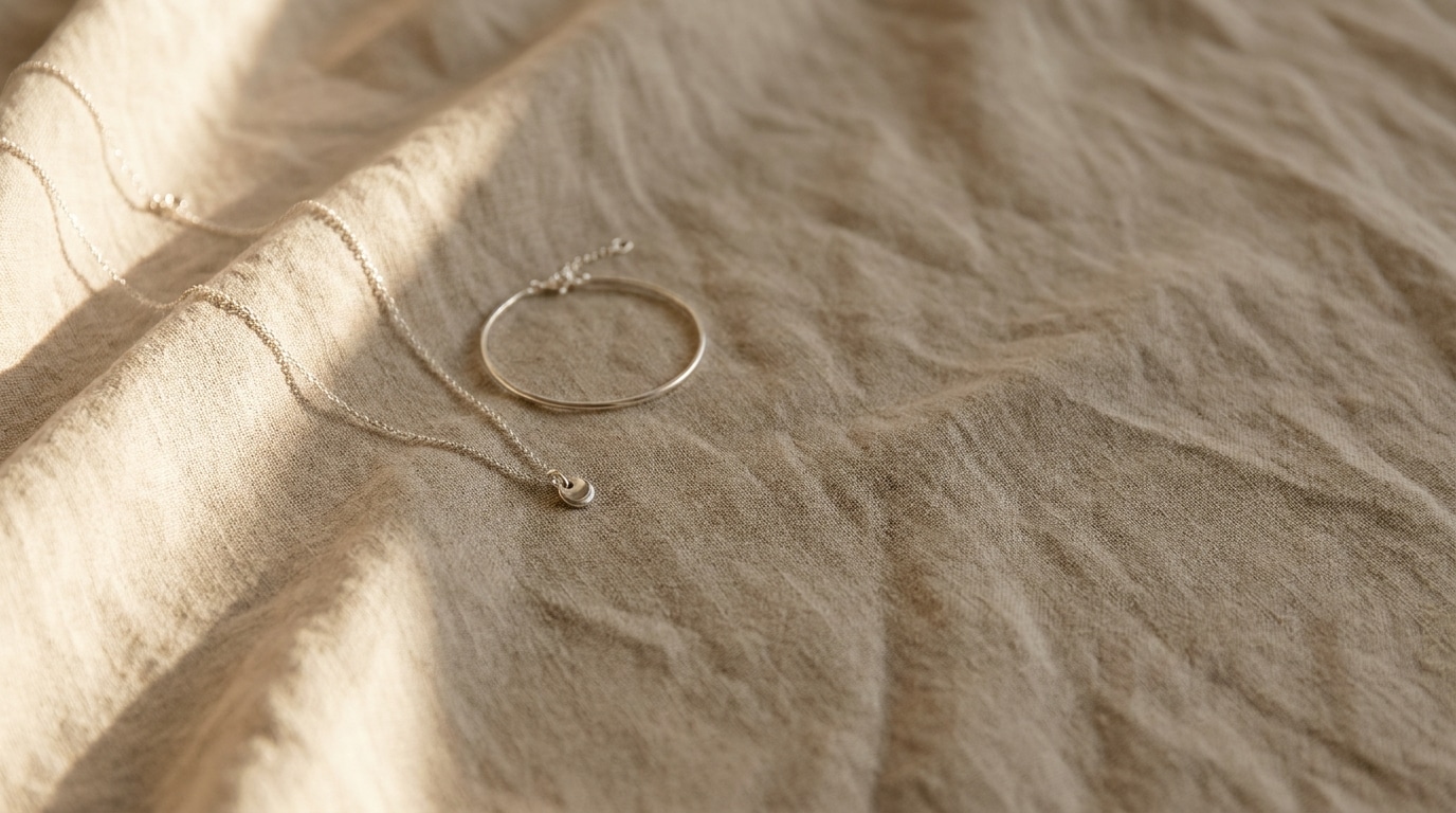 Delicate silver necklace and bracelet resting on crumpled beige fabric in warm lighting