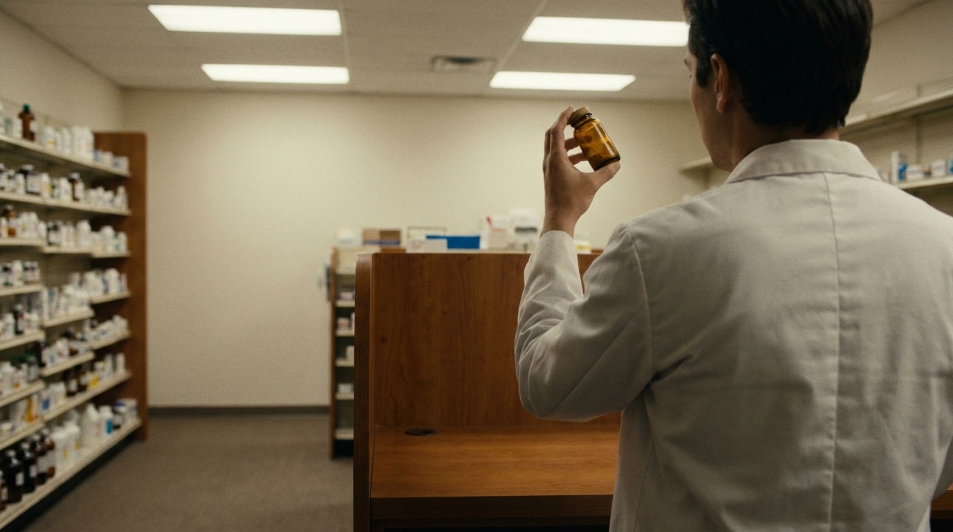 Pharmacist examining brown pill bottle in a pharmacy with shelves of medications