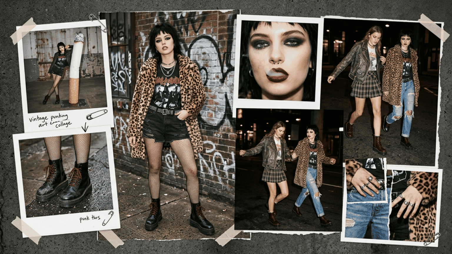 Women wearing indie sleaze fashion with leopard print, band tees, smoky makeup, ripped jeans, and boots.