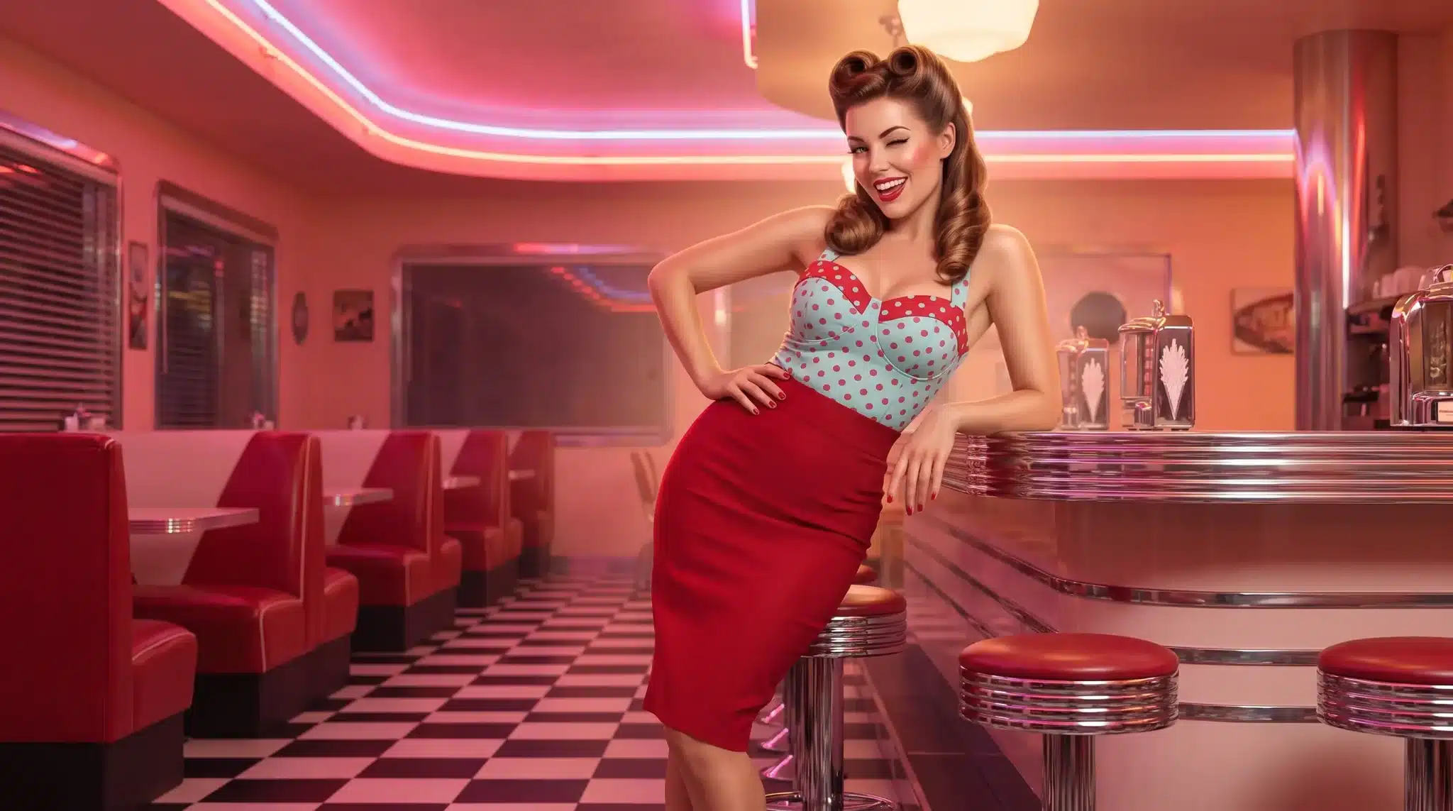 Woman smiling in retro diner with checkered floor and red booths