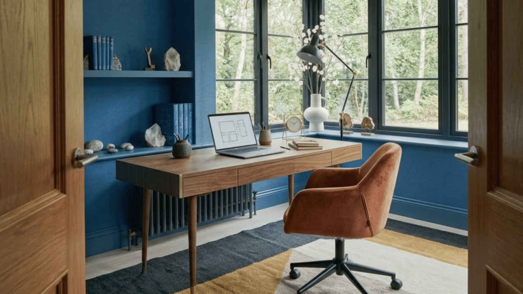 Desk placed diagonally from the door with a balanced Feng Shui office layout and natural light.