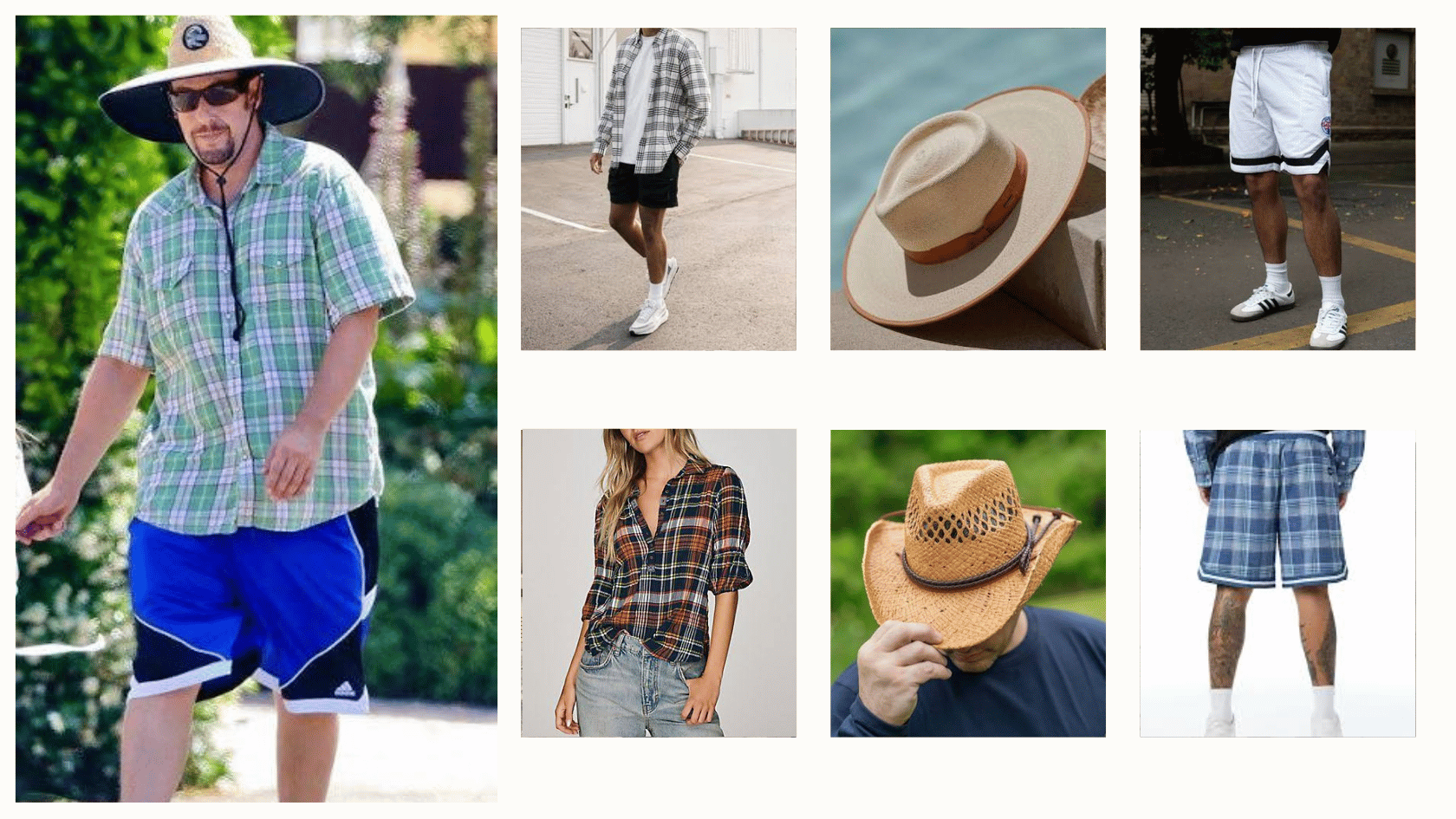 Adam Sandler-inspired plaid shirt, straw hat, and basketball shorts casual outfit collage.