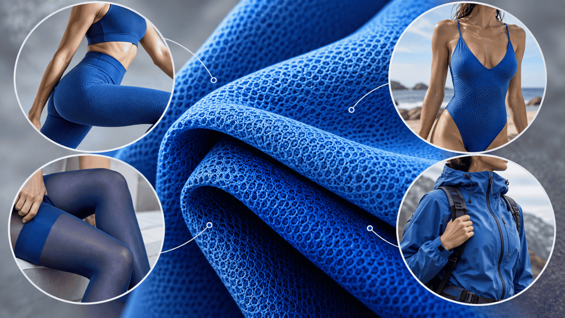 Blue polyamide fabric with callouts showing activewear, swimwear, hosiery, and outerwear uses