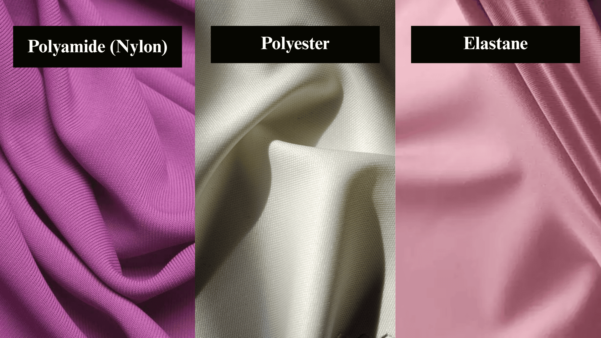 Side-by-side comparison of polyamide fabric, polyester, and elastane showing differences in texture and finish