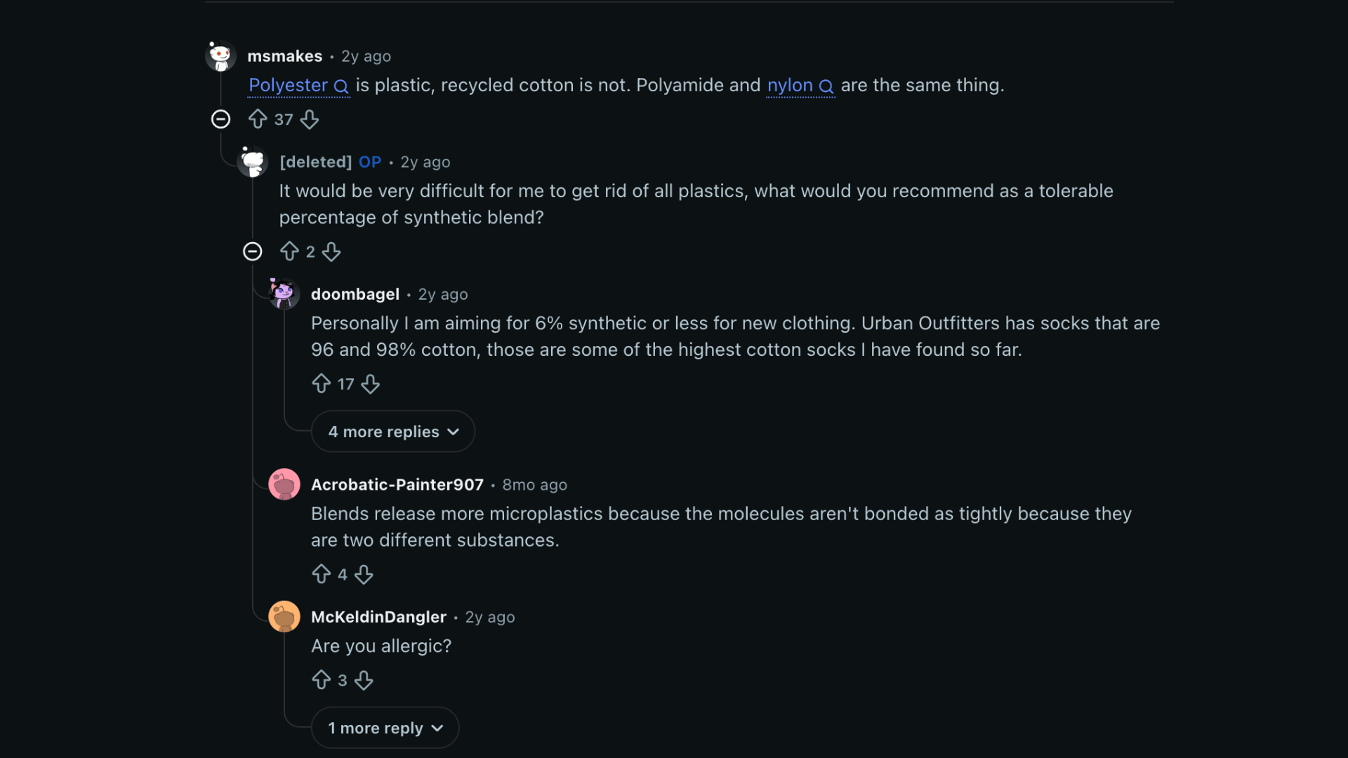 Reddit discussion about polyamide, nylon, polyester, synthetic blends, and clothing fiber percentages