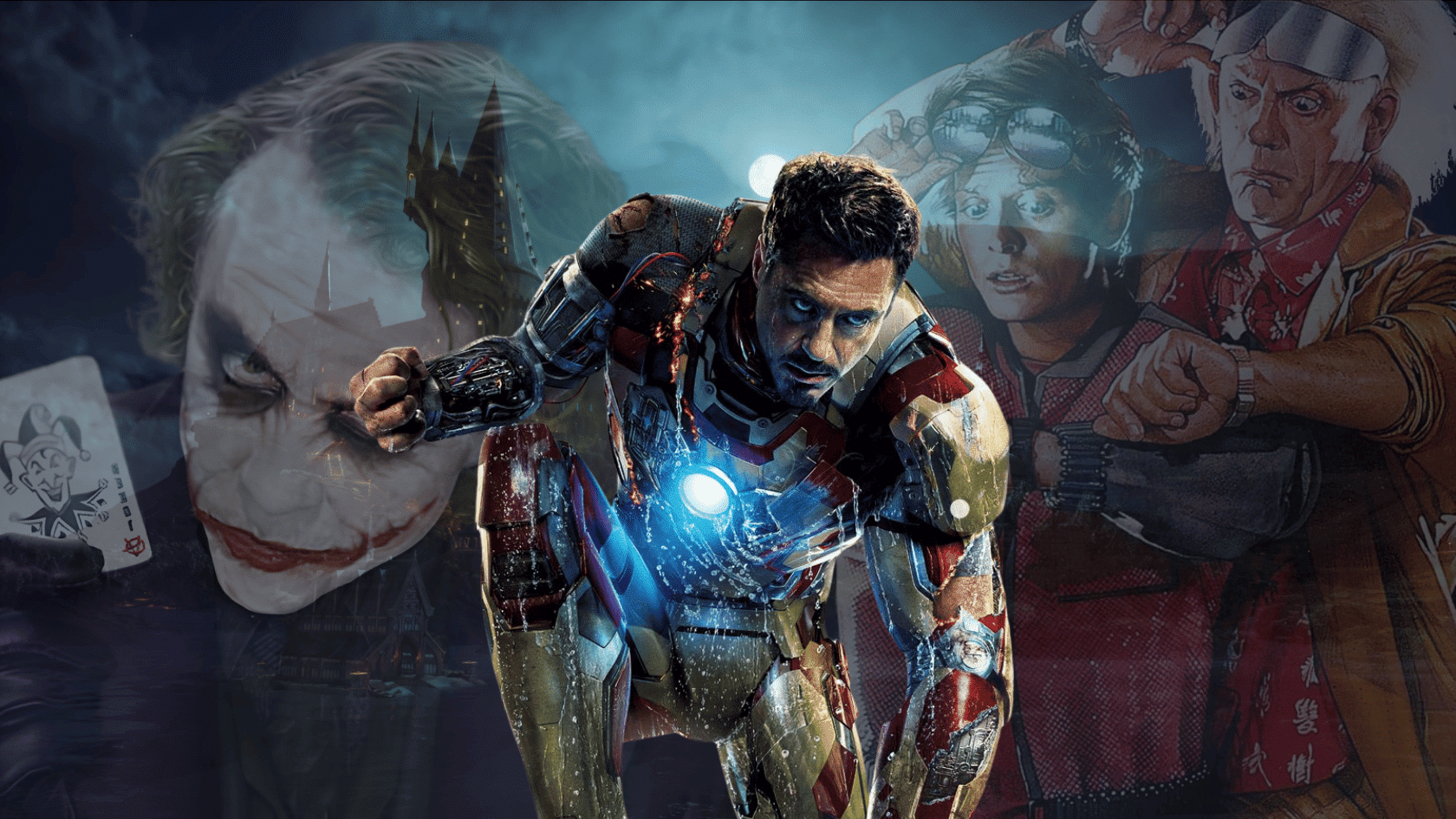 Collage featuring robert downey jr. as iron man from iron man 3, alongside characters like the joker and marty mc fly from back to the future