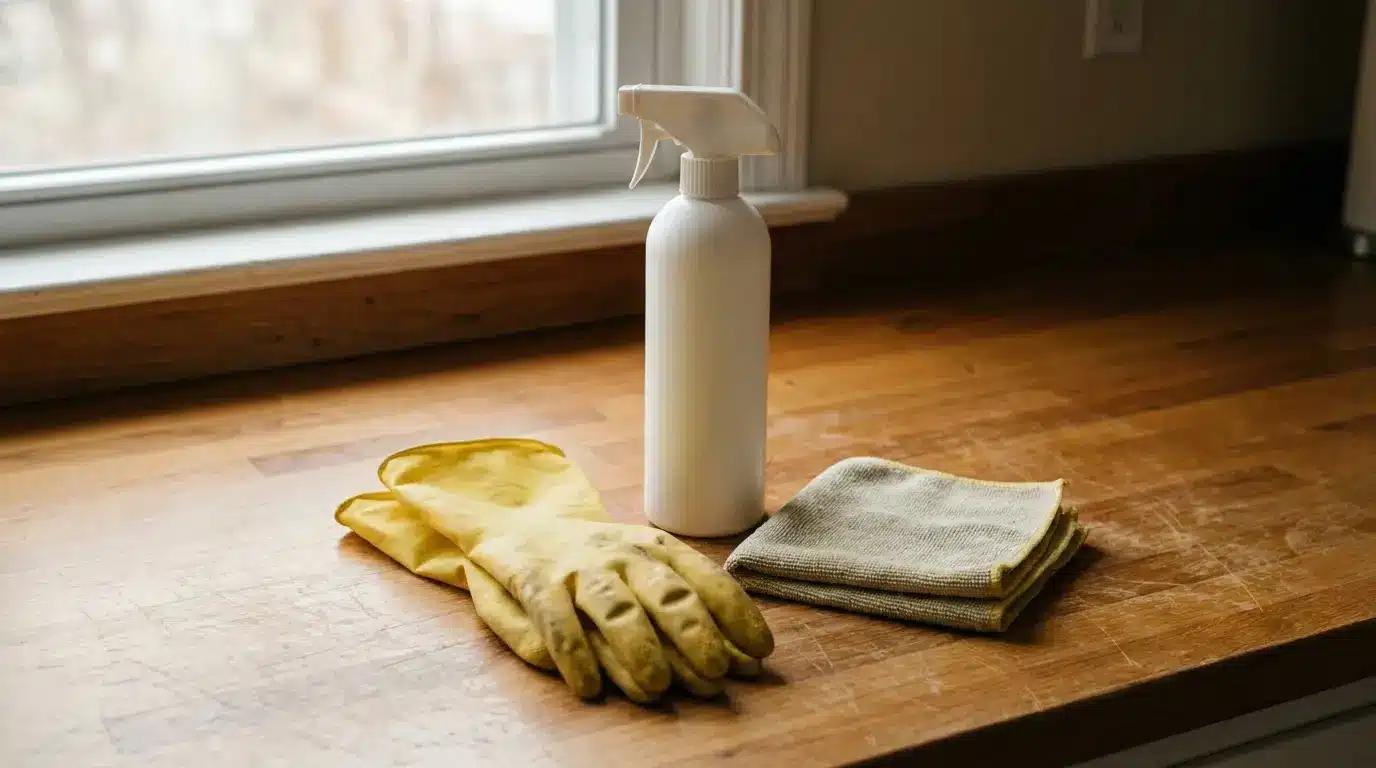 Spray bottle, yellow gloves, and cloth on wooden countertop near window