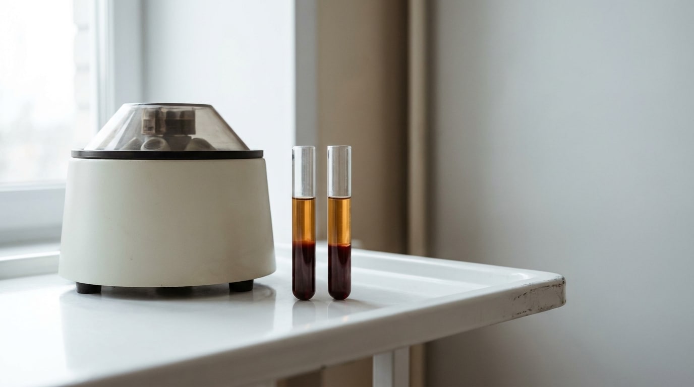 Centrifuge and two test tubes with liquid on laboratory countertop
