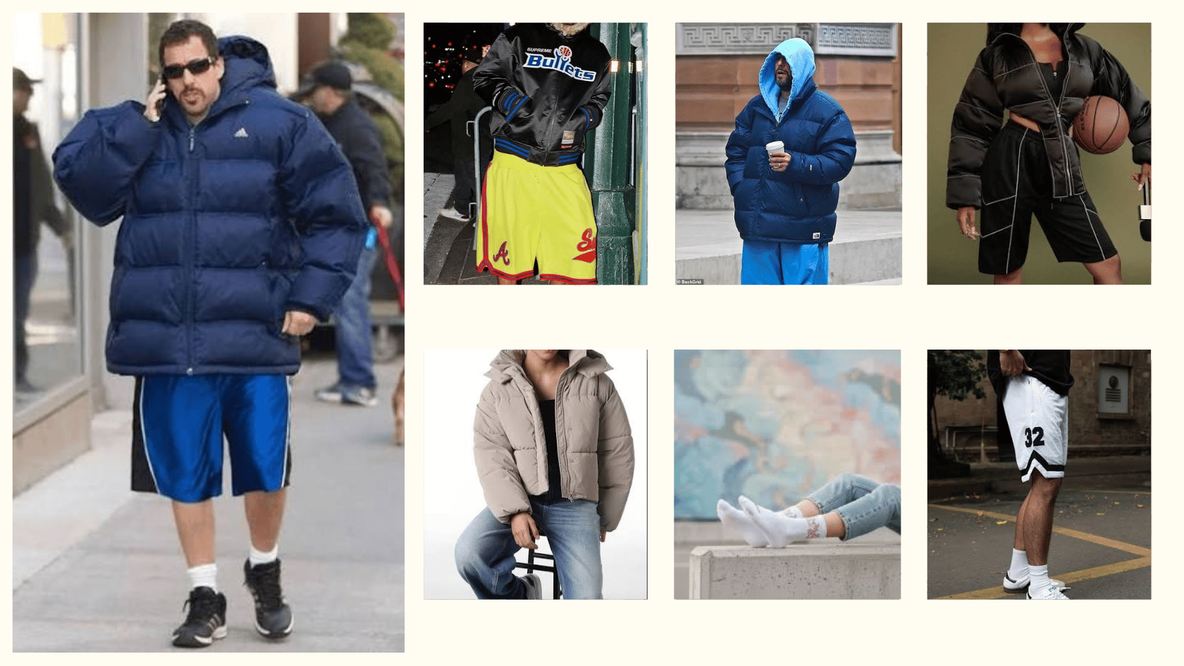Adam Sandler-inspired puffer jacket with basketball shorts and casual sneakers.