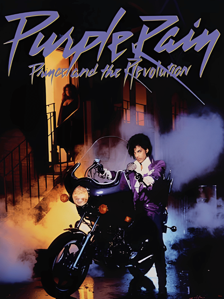Prince and the Revolution โ Purple Rain album cover showing Prince posing with a motorcycle.