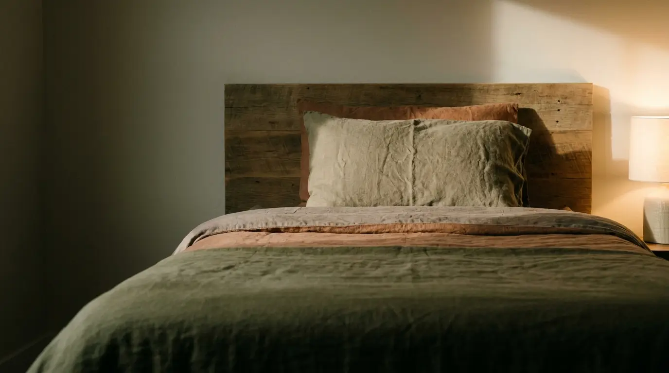 Rustic wooden bed with earthy linens in softly lit bedroom