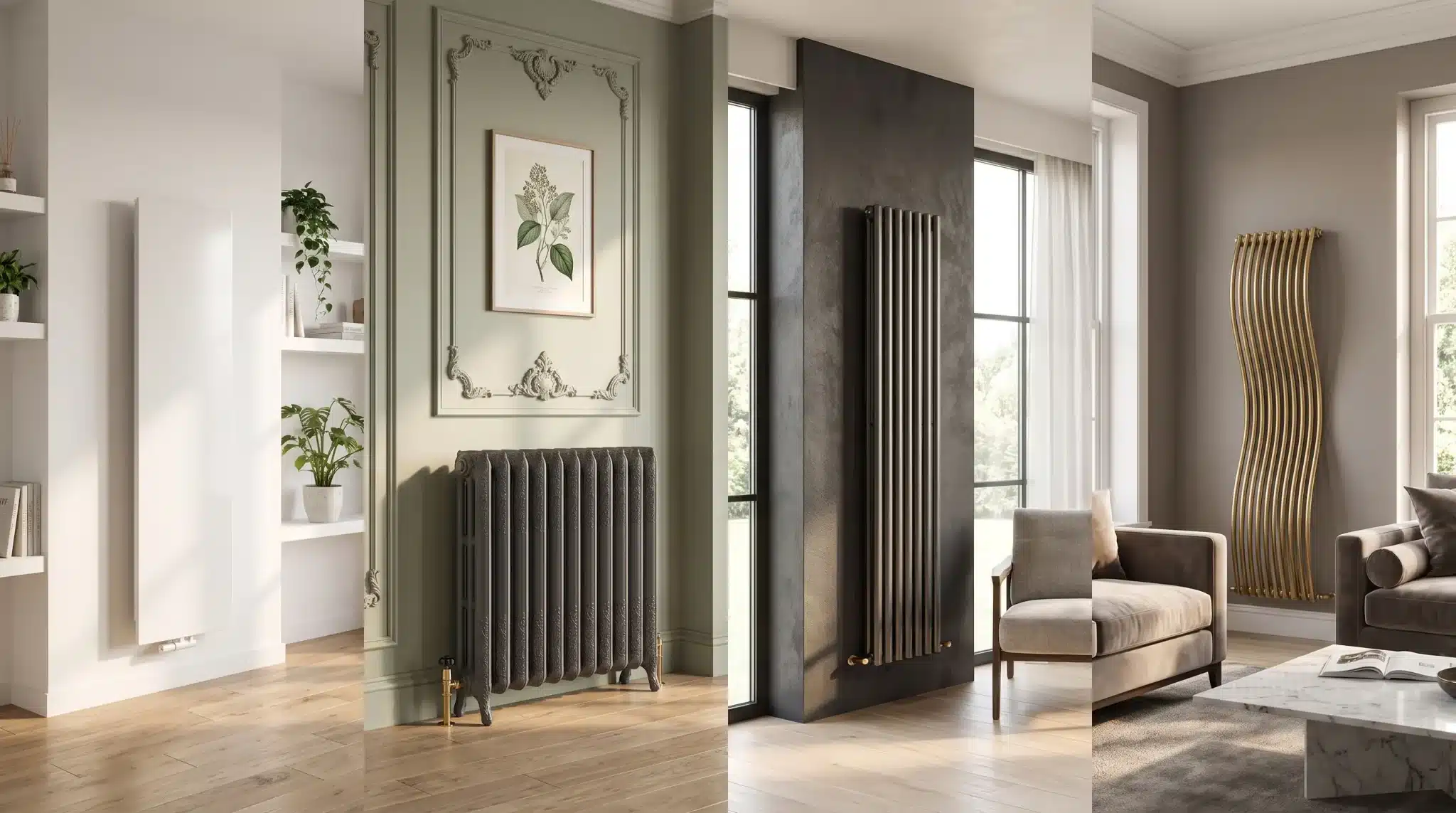Decorative radiators in stylish modern living spaces with soft natural lighting