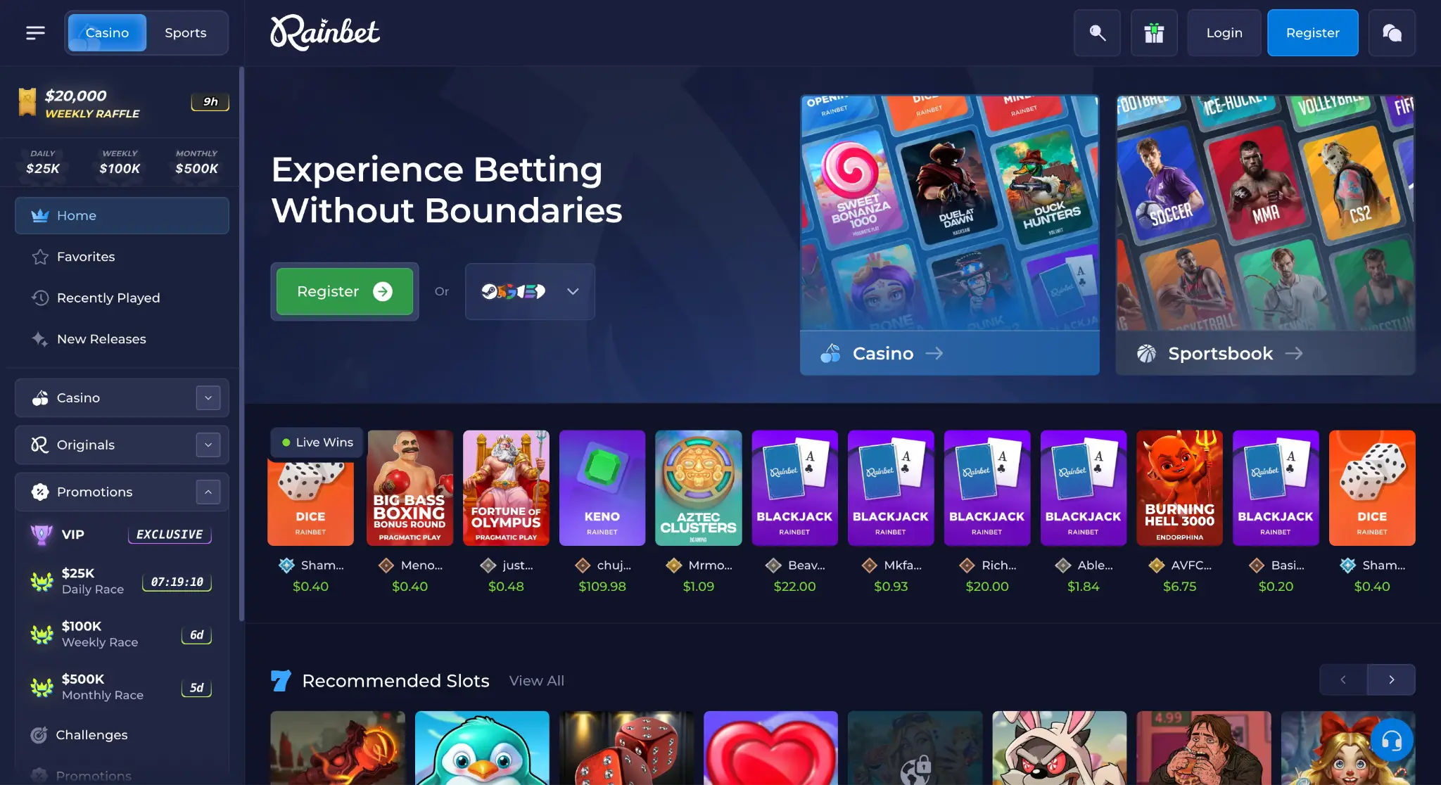 Betting platform homepage featuring casino games and sportsbook options with dark blue theme