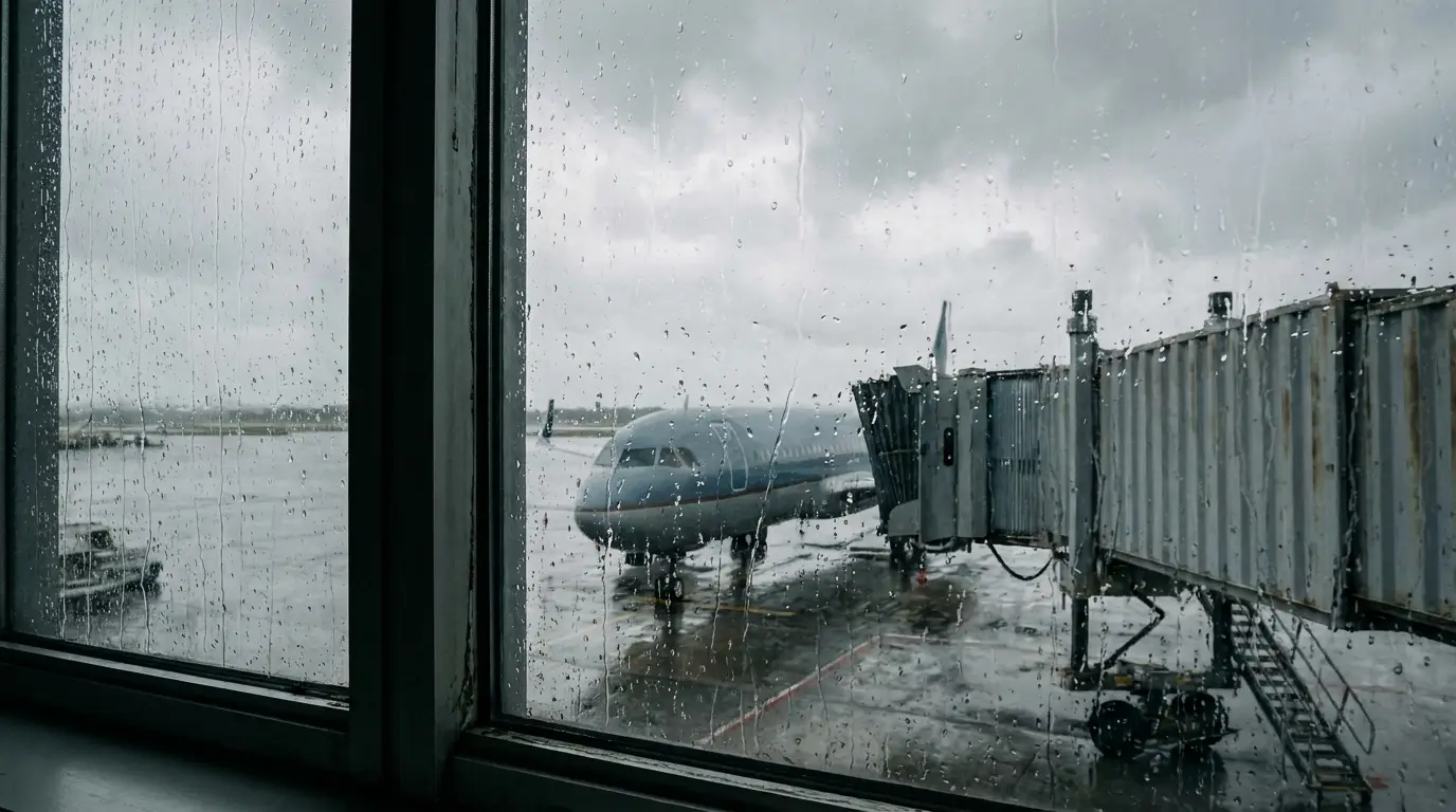 Rainy airport scene with airplane parked at gate viewed through wet window