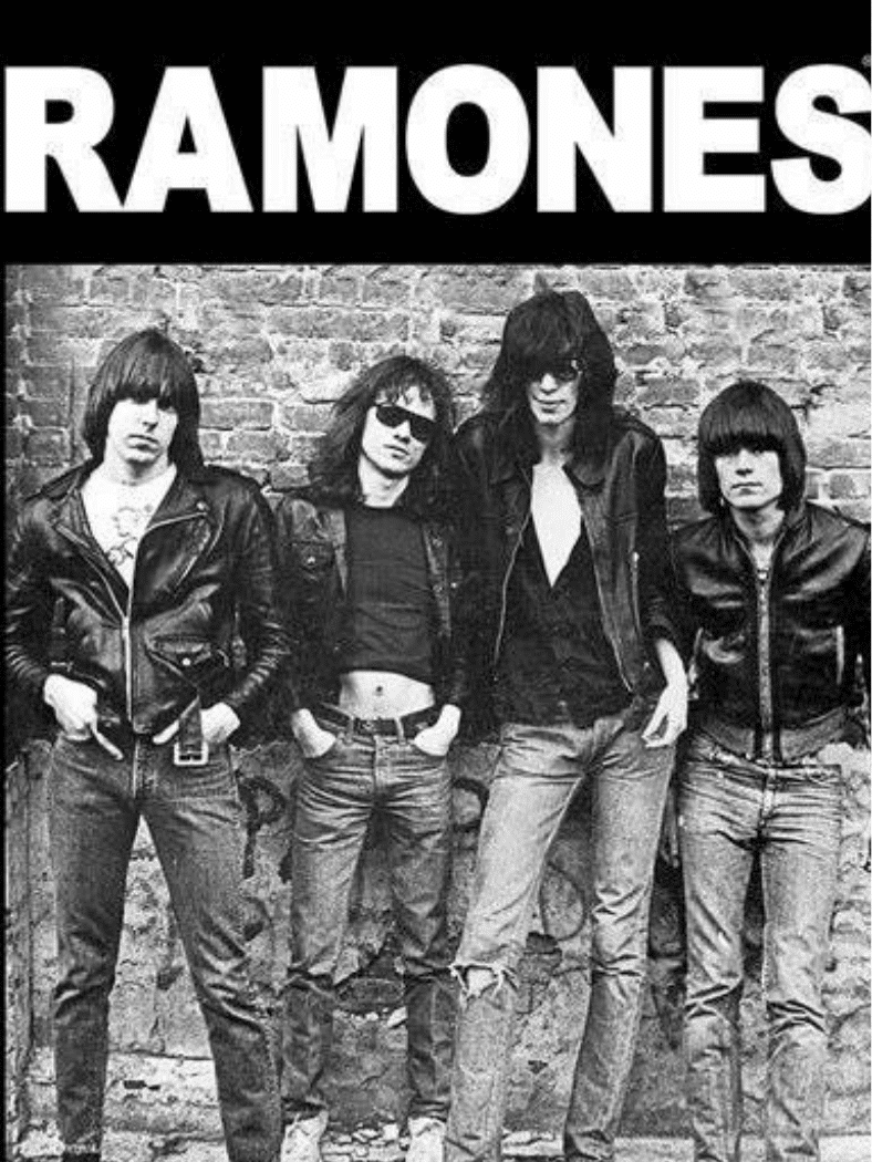 Ramones โ Ramones album cover showing four band members in leather jackets against a brick wall.