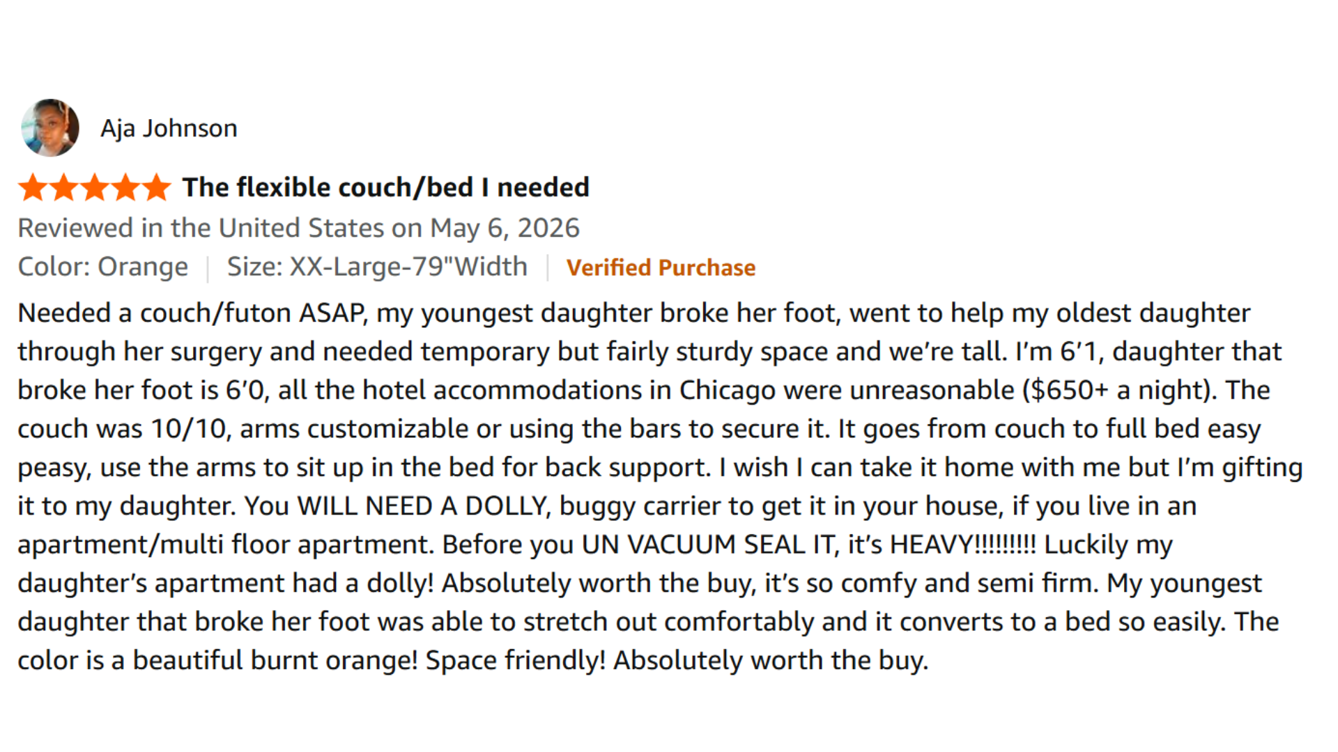 Customer review highlighting a flexible orange couch bed with easy conversion and comfort features