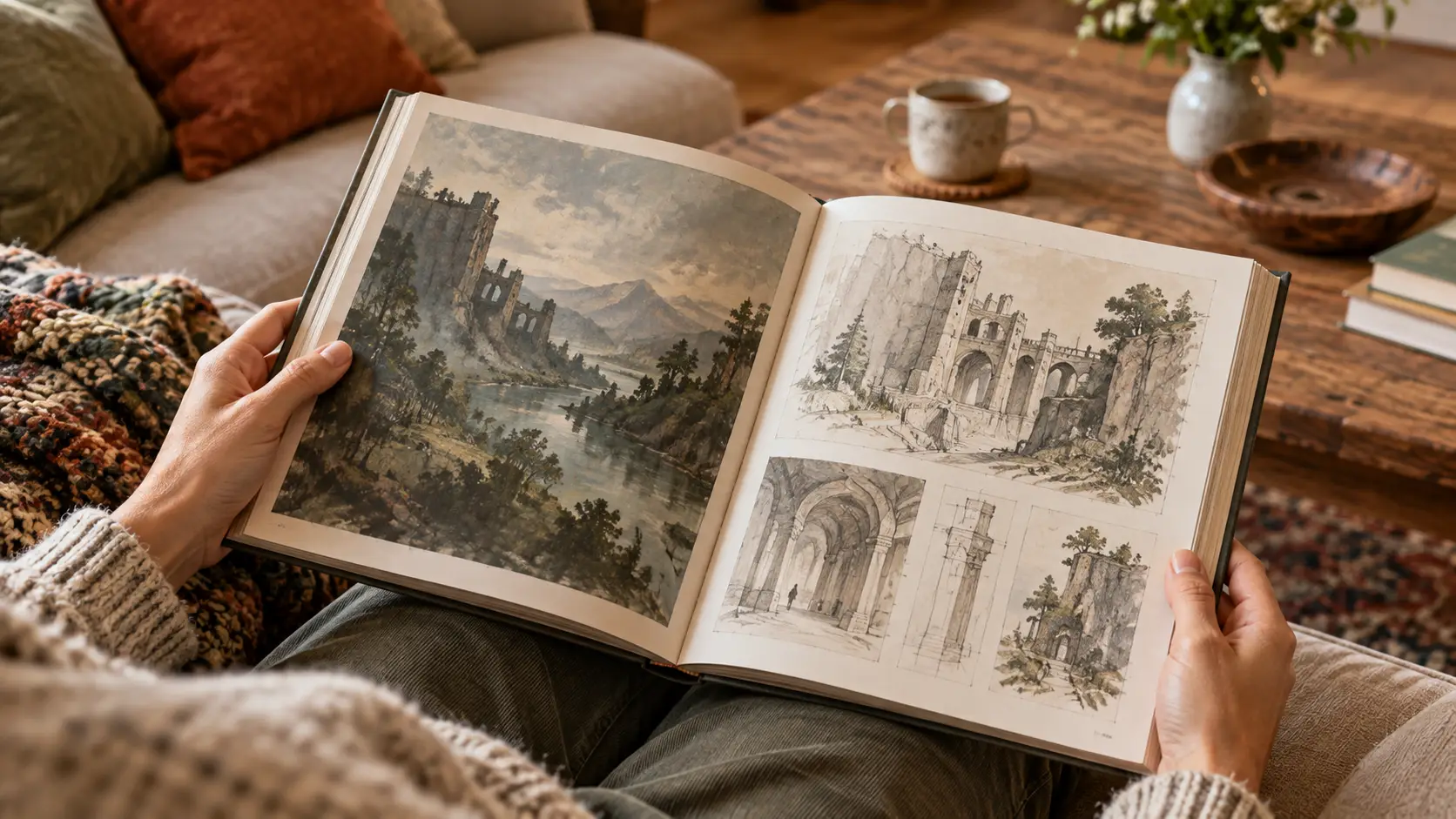 Open art book with illustrations of castles and landscapes held on a cozy couch