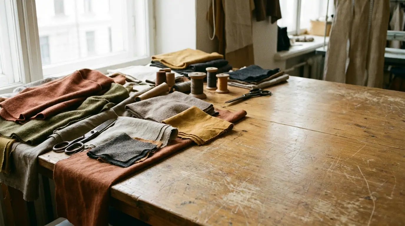 Fabric swatches and sewing tools on wooden table in bright, airy workspace