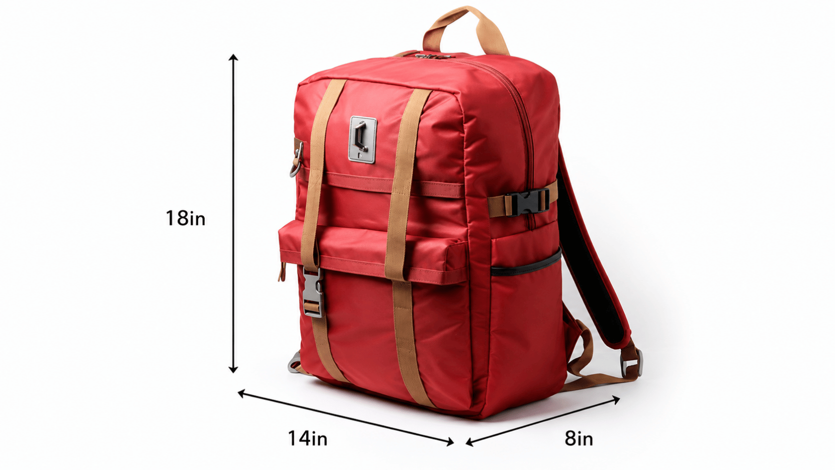 Red travel backpack measuring 18 x 14 x 8 inches, shown with dimension arrows on a clean white background.