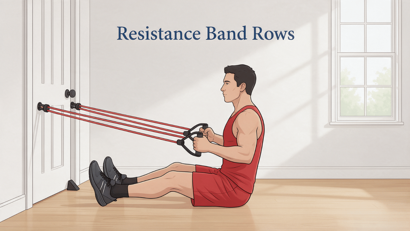 Man performing seated resistance band rows with bands anchored to a door.