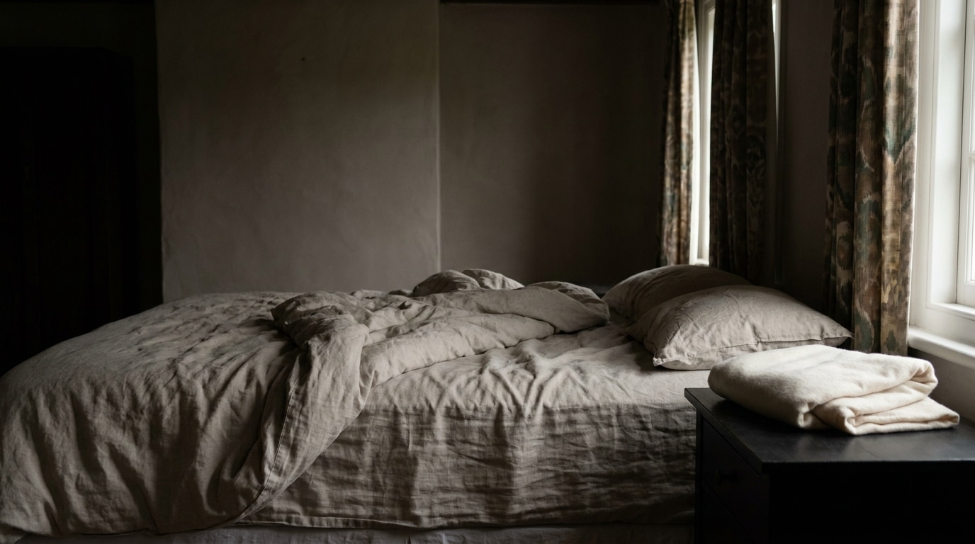 Cozy unmade bed with beige linens in softly lit bedroom with large window and curtains