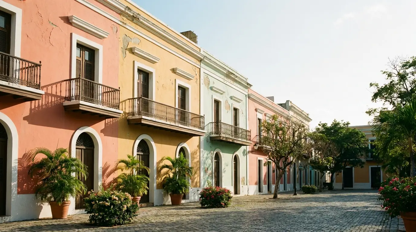 Colorful colonial buildings with balconies and potted plants in a sunlit cobblestone street
