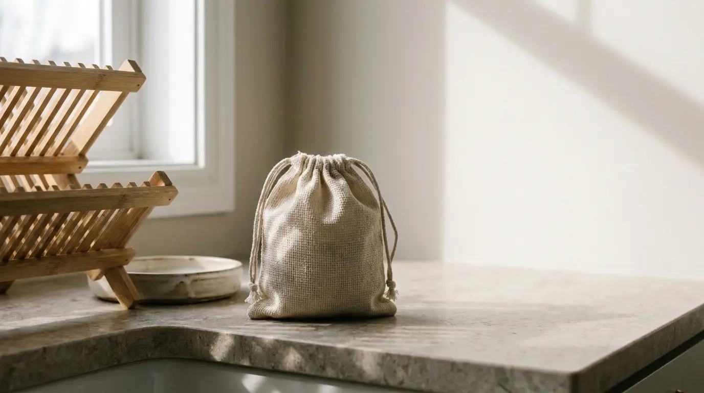 Drawstring linen bag on marble countertop beside wooden dish rack in sunlit kitchen