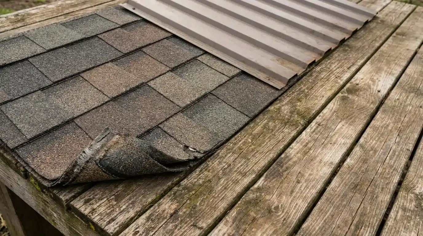 Asphalt roof shingles and corrugated metal sheet on weathered wooden table outdoors