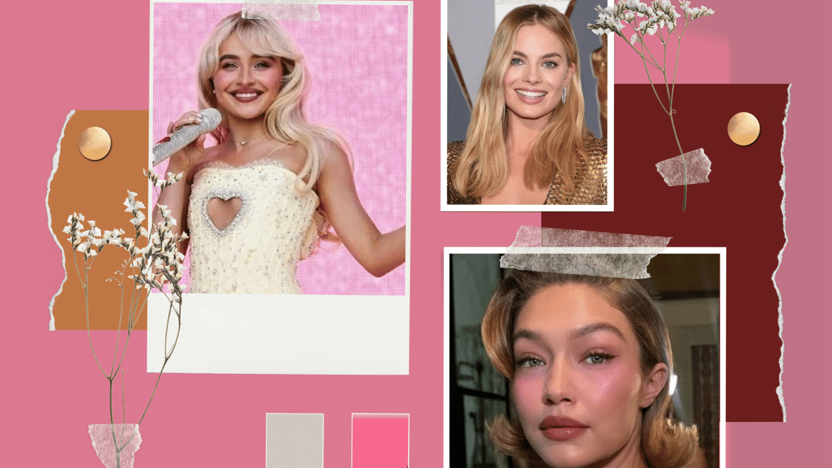 Rosy Natural Makeup moodboard inspired by Sabrina Carpenter, Margot Robbie and Gigi Hadid