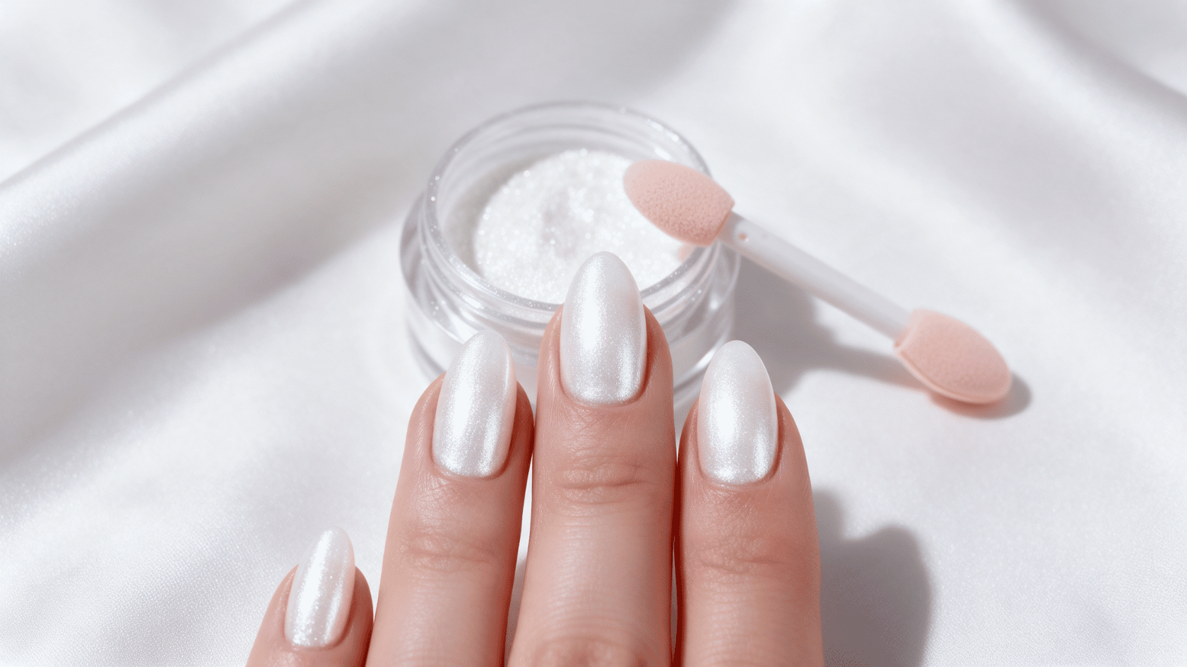 Rubbing chrome powder into a nail to create a smooth metallic chrome finish