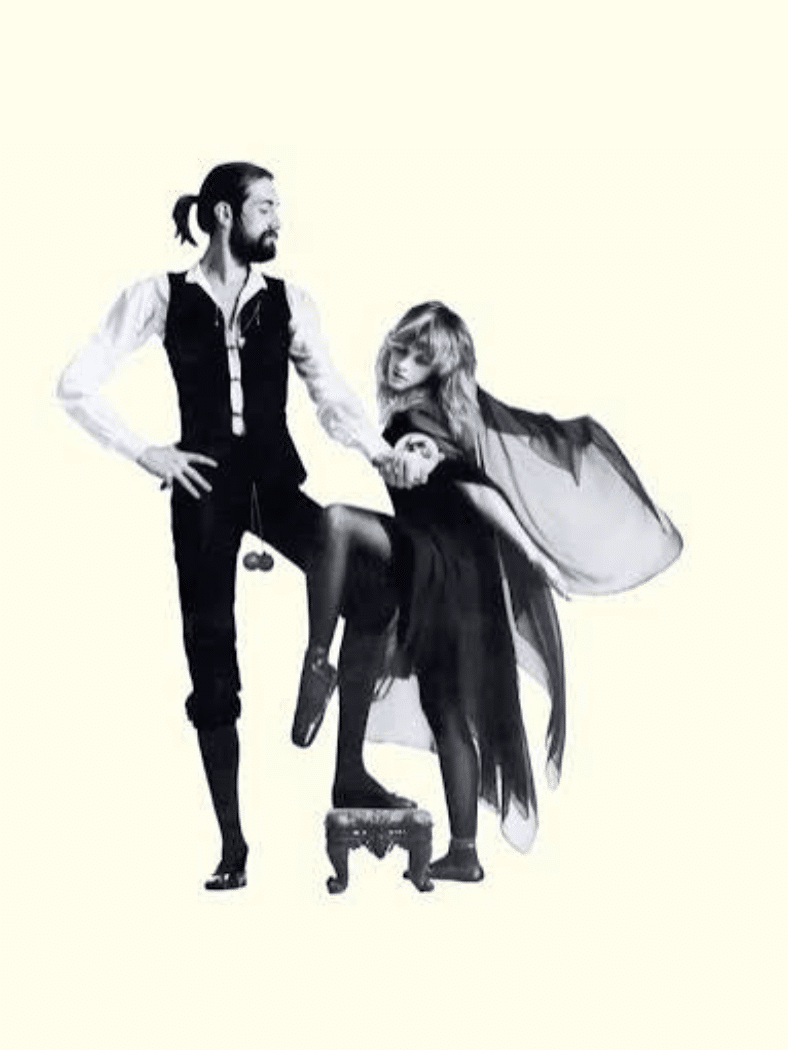 Fleetwood Mac โ Rumours album cover showing two band members posing in black-and-white.