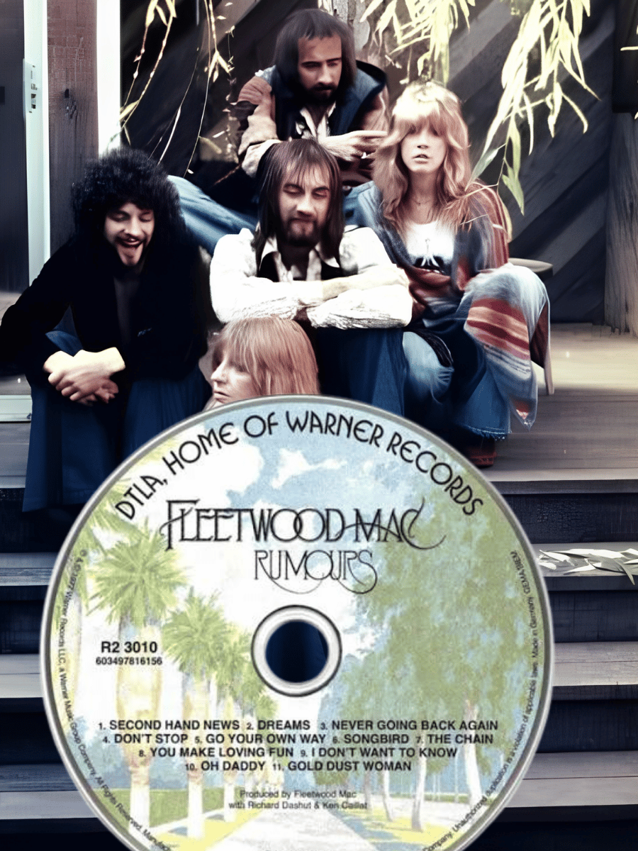 Fleetwood Mac band photo with the Rumours CD displayed in the foreground.