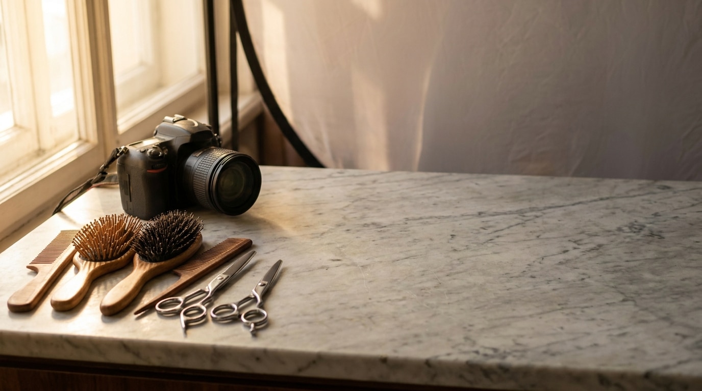 Camera and hair styling tools on marble countertop in soft natural light