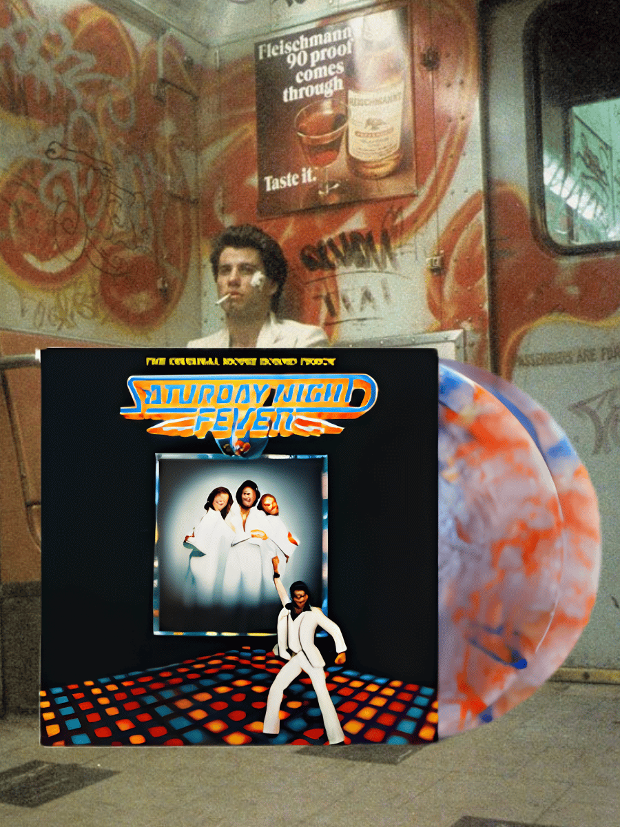 Saturday Night Fever soundtrack album cover with CD displayed against a disco-themed background.